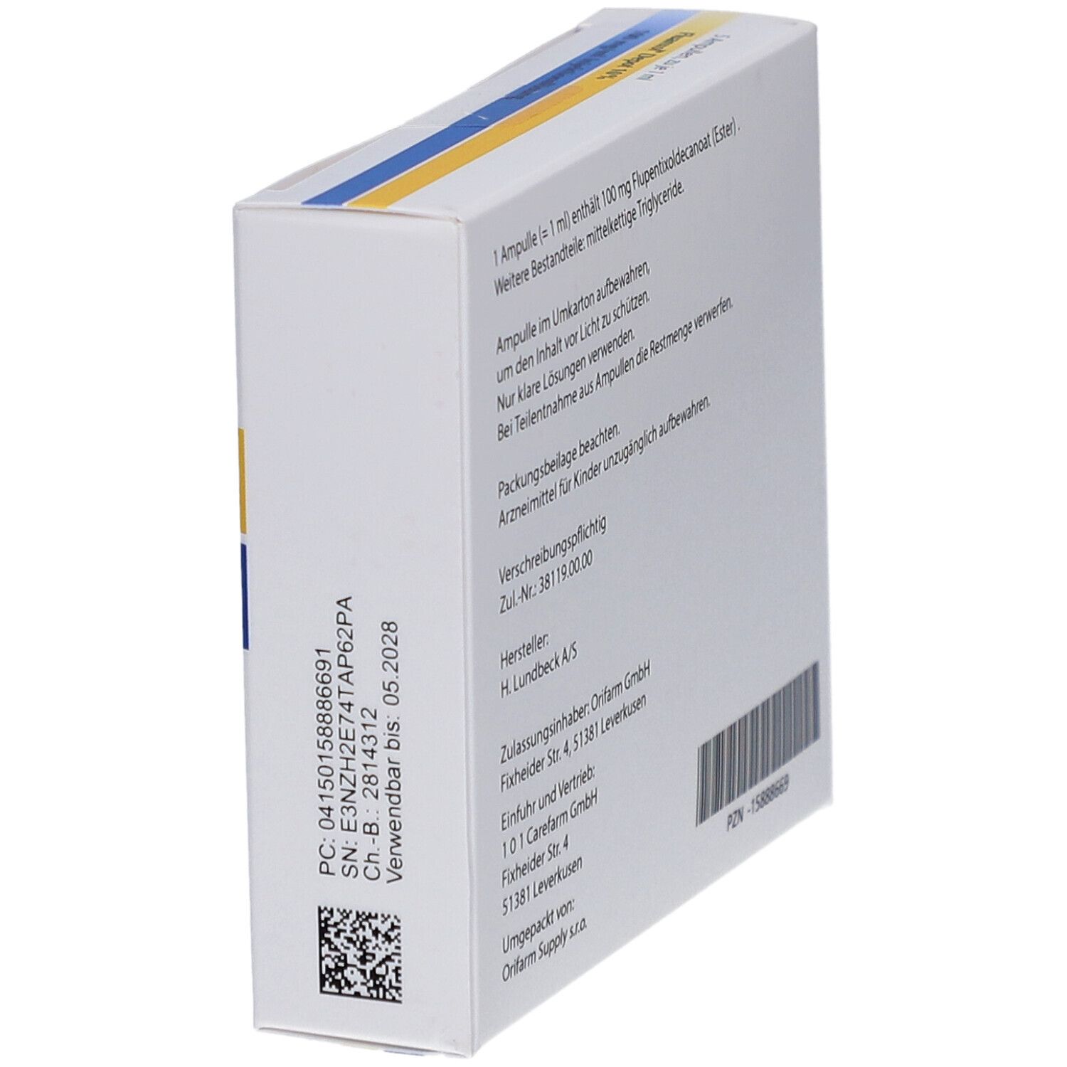 Schräg stehende Rückseite des Kartons. Text mit Inhaltsstoffen und Herstellerinformationen. PZN- und Zulassungsnummer.