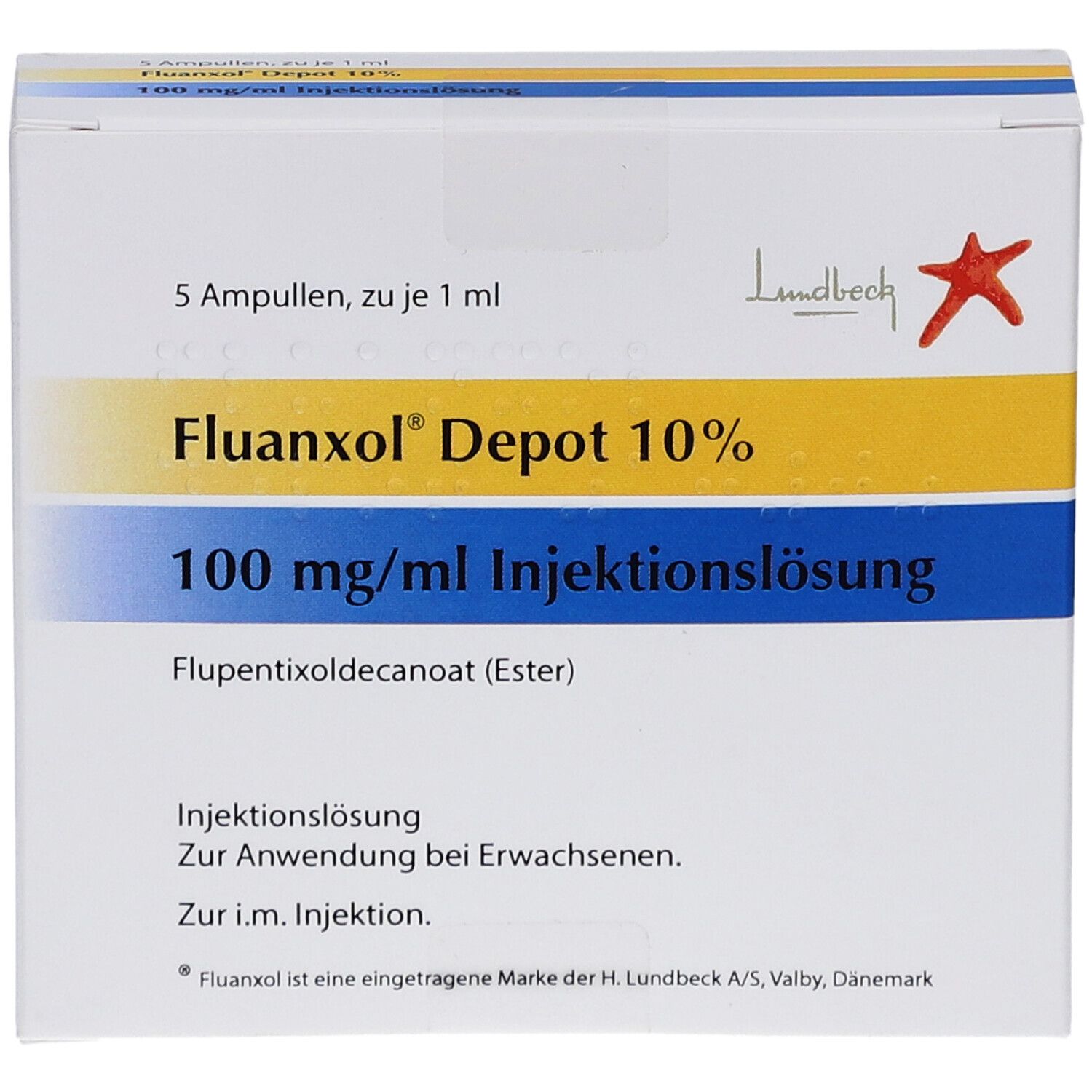 Karton mit Aufschrift "Fluanxol Depot 10%". Enthält 5 Ampullen. Logo von Lundbeck. Gelbe und blaue Streifen.