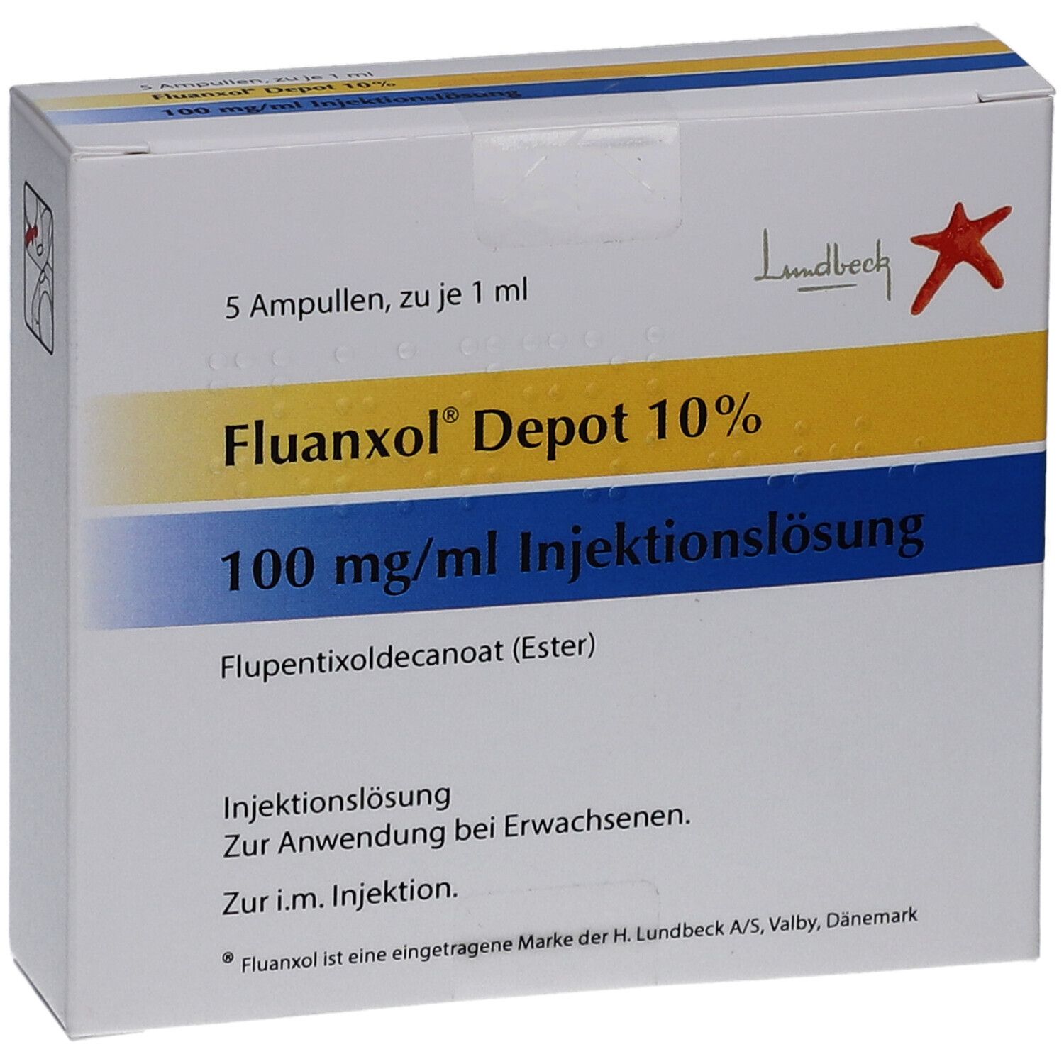 Karton mit Aufschrift "Fluanxol Depot 10%". Enthält 5 Ampullen. Logo von Lundbeck. Gelbe und blaue Streifen.