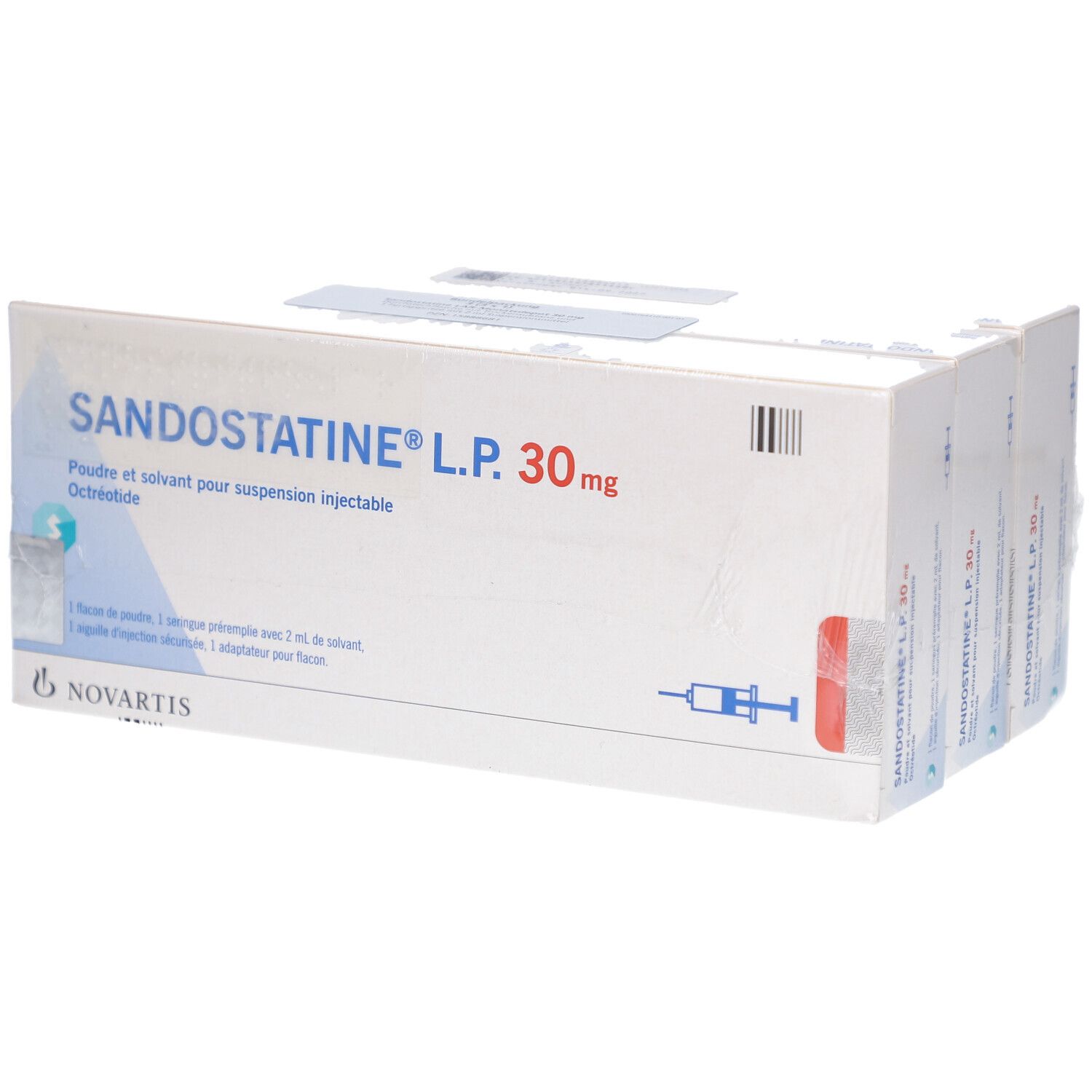Verpackung von SANDOSTATINE L.P. 30 mg. Enthält Pulver und Lösungsmittel zur Herstellung einer Injektionssuspension.