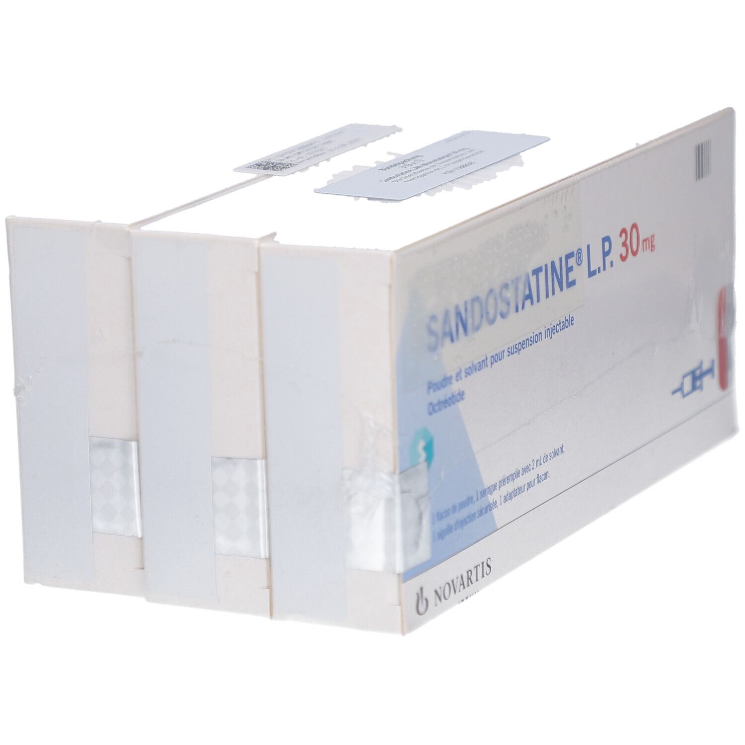 Verpackung von SANDOSTATINE L.P. 30 mg. Mehrere Packungen in Folie verpackt.