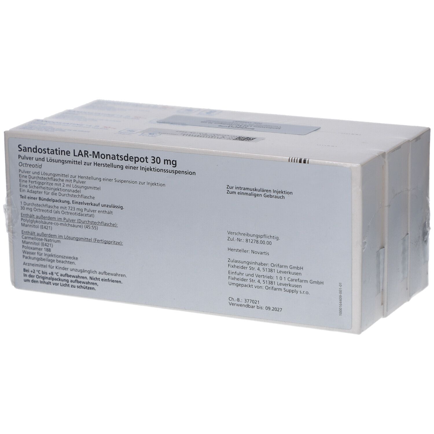 Rückseite der Verpackung von SANDOSTATIN LAR-Monatsdepot 30 mg. Textinformationen.