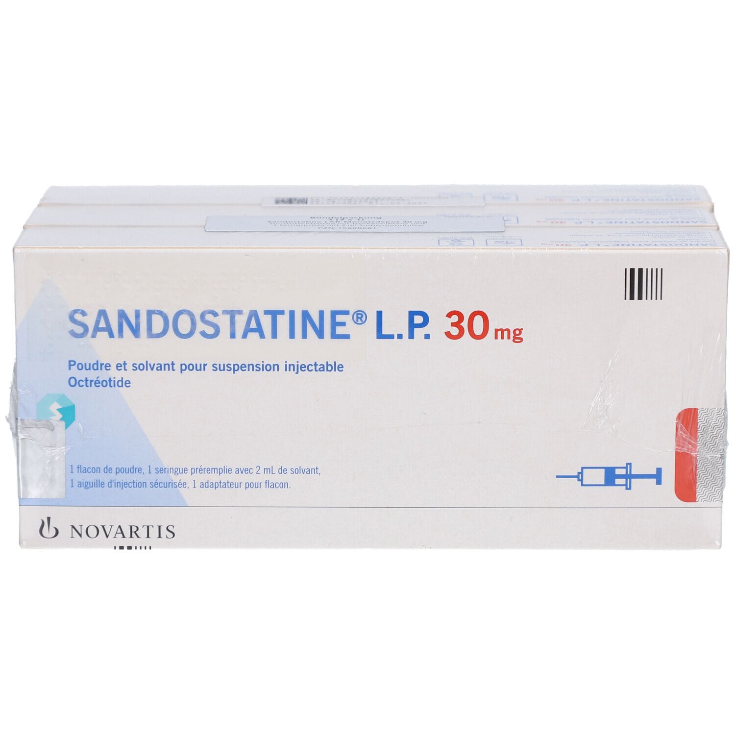 Verpackung von SANDOSTATINE L.P. 30 mg.  Enthält Pulver und Lösungsmittel zur Injektion.