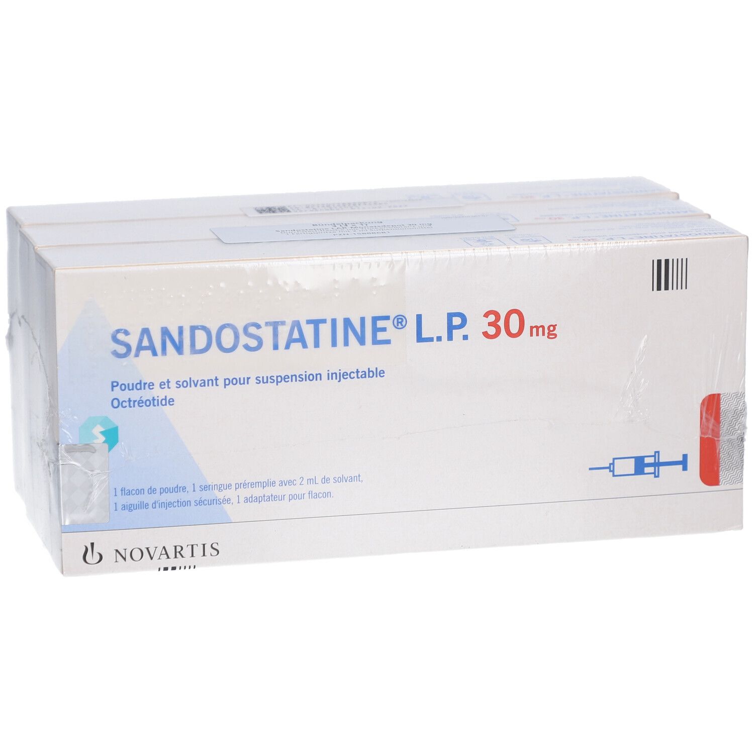 Verpackung von SANDOSTATINE L.P. 30 mg.  Enthält Pulver und Lösungsmittel zur Injektion.