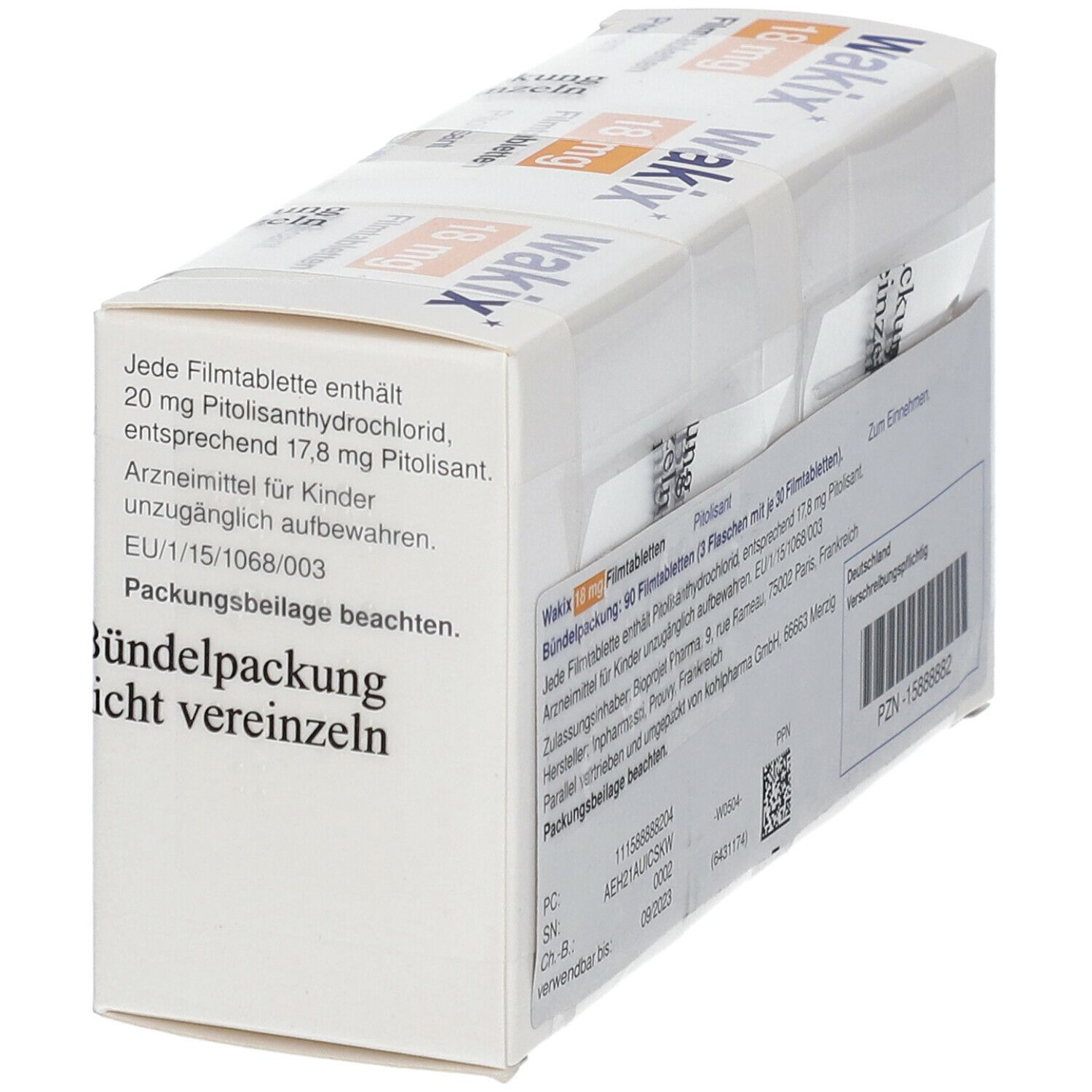 Wakix 18 mg Filmtabletten, Bündelpackung. Schrägansicht der Packung. Aufdrucke: Name, Dosierung, Packungsinhalt, Chargennummer.