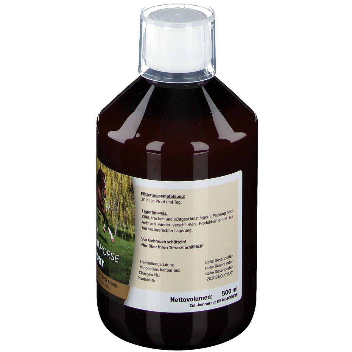 Braune Flasche mit weißem Verschluss. Etikett mit Produktinformationen und einem Pferd. Aufschrift: KONI. HORSE Hepar.