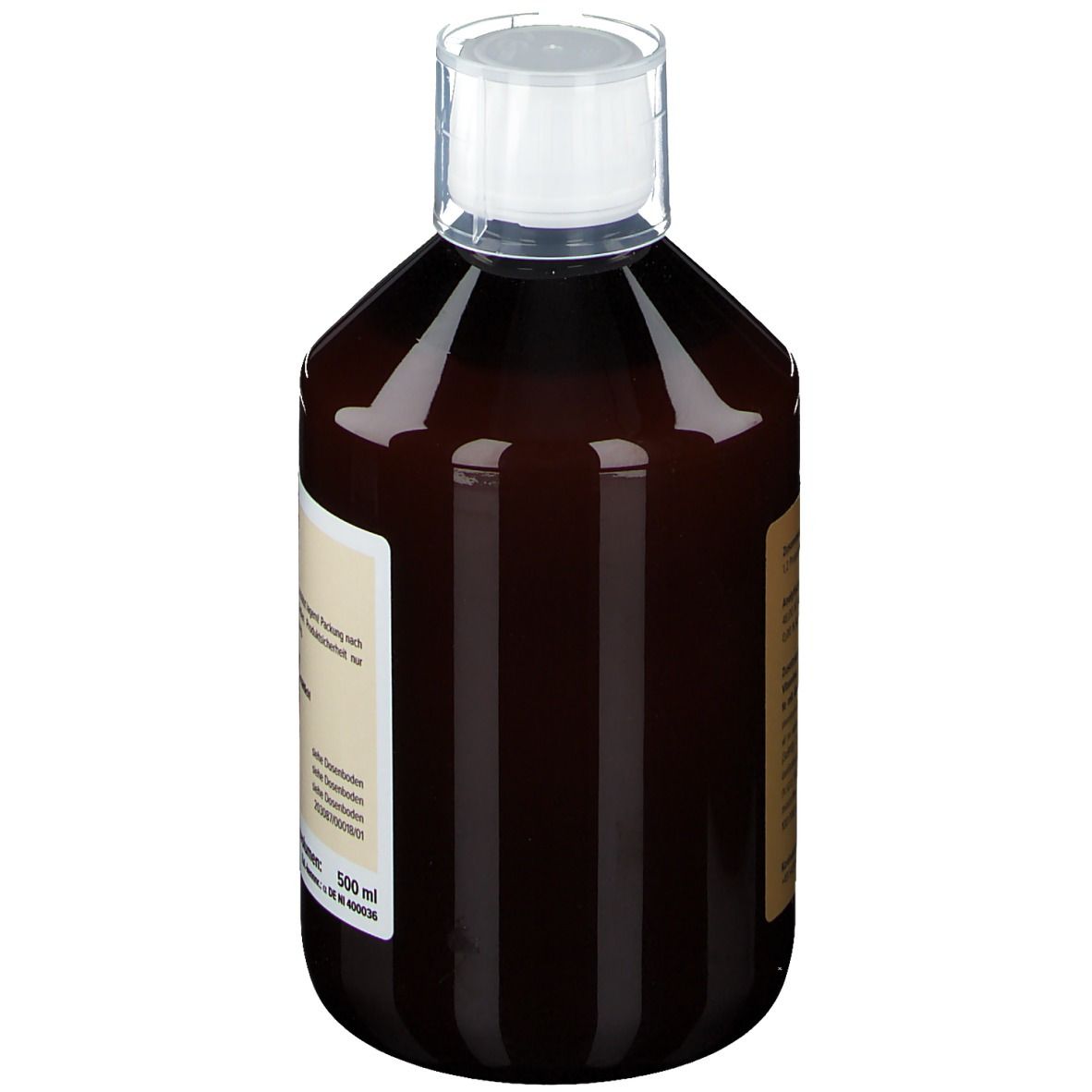 Braune Flasche mit weißem Verschluss. Etikett mit Produktinformationen. Aufschrift: KONI. HORSE Hepar. 500 ml.