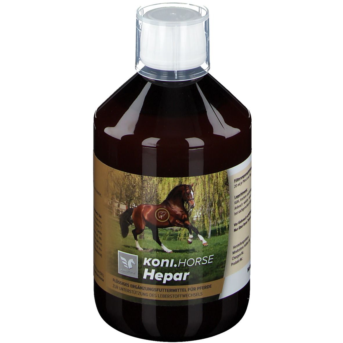 Braune Flasche mit weißem Verschluss. Etikett mit Produktinformationen und einem Pferd. Aufschrift: KONI. HORSE Hepar.