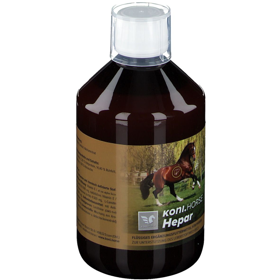 Braune Flasche mit weißem Verschluss. Etikett mit Produktinformationen und einem Pferd. Aufschrift: KONI. HORSE Hepar.