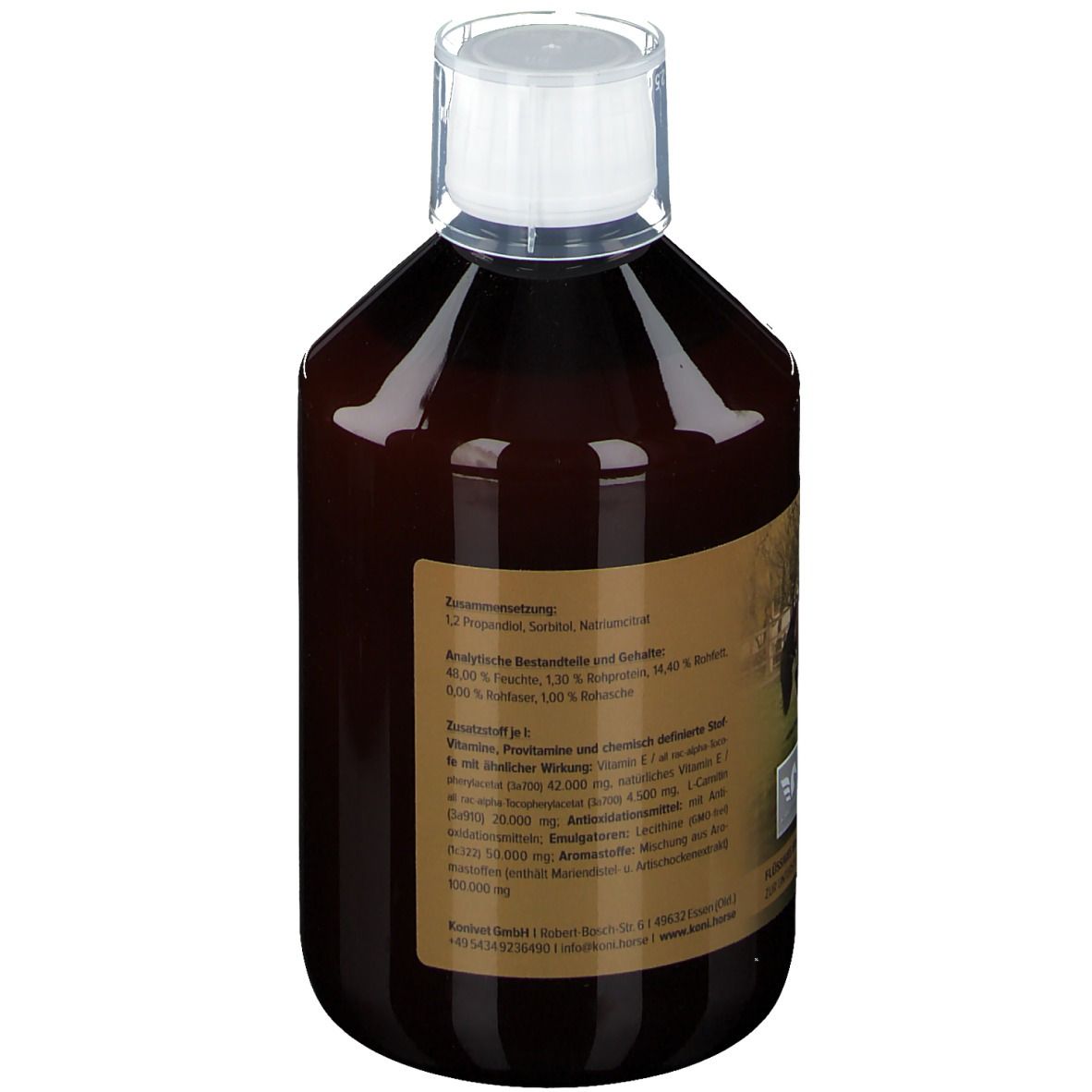 Braune Flasche mit weißem Verschluss. Etikett mit Produktinformationen. Aufschrift: KONI. HORSE Hepar. Zutatenliste.