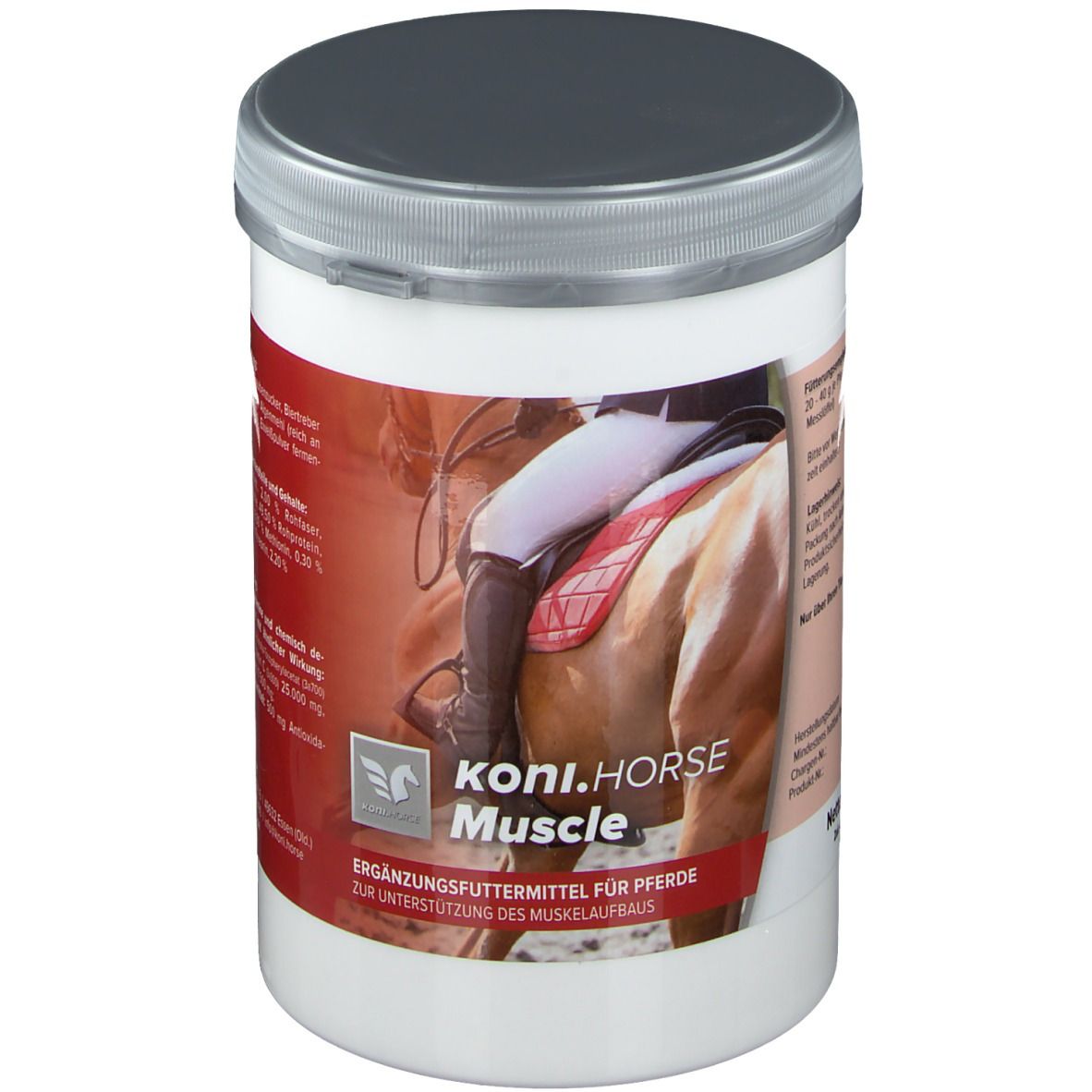 Weißer Behälter mit grauem Deckel. Aufschrift: koni.HORSE Muscle. Ergänzungsfuttermittel für Pferde. Abbildung eines Pferdes mit Reiter.
