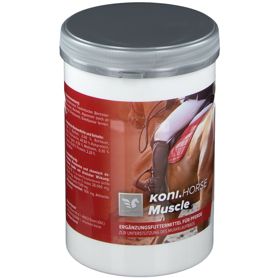 Weißer Behälter mit grauem Deckel. Aufschrift: koni.HORSE Muscle. Ergänzungsfuttermittel für Pferde. Inhaltsstoffe und Nährwertangaben.
