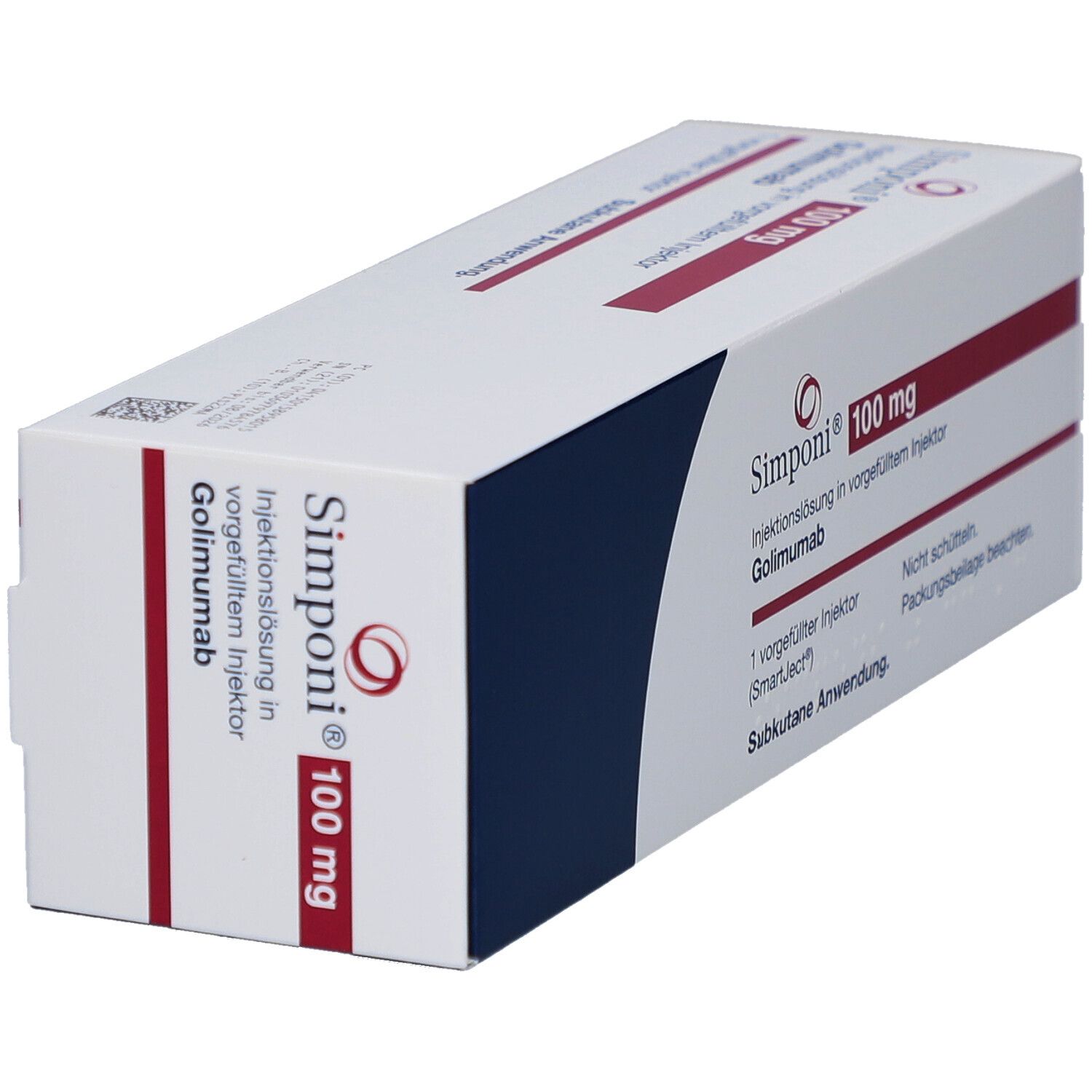 Schrägansicht der Simponi 100 mg Verpackung. Weißer Karton mit roter und blauer Schrift. Produktname und Dosierung deutlich sichtbar.