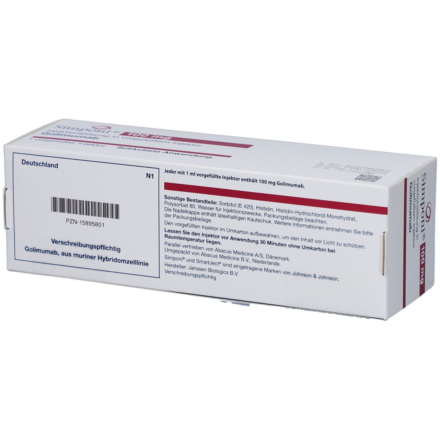 Rückseite der Simponi 100 mg Verpackung. Weißer Karton mit Text und Barcode. Details zu Inhaltsstoffen und Hersteller.