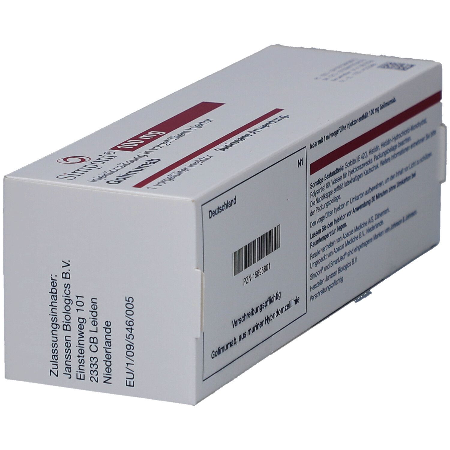 Schrägansicht der Rückseite der Simponi 100 mg Verpackung. Weißer Karton mit Text und Barcode. Details zu Inhaltsstoffen.