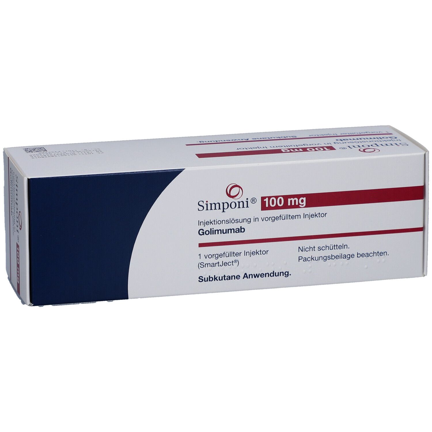 Simponi 100 mg Verpackung. Weißer Karton mit roter und blauer Schrift. Produktname und Dosierung deutlich sichtbar.