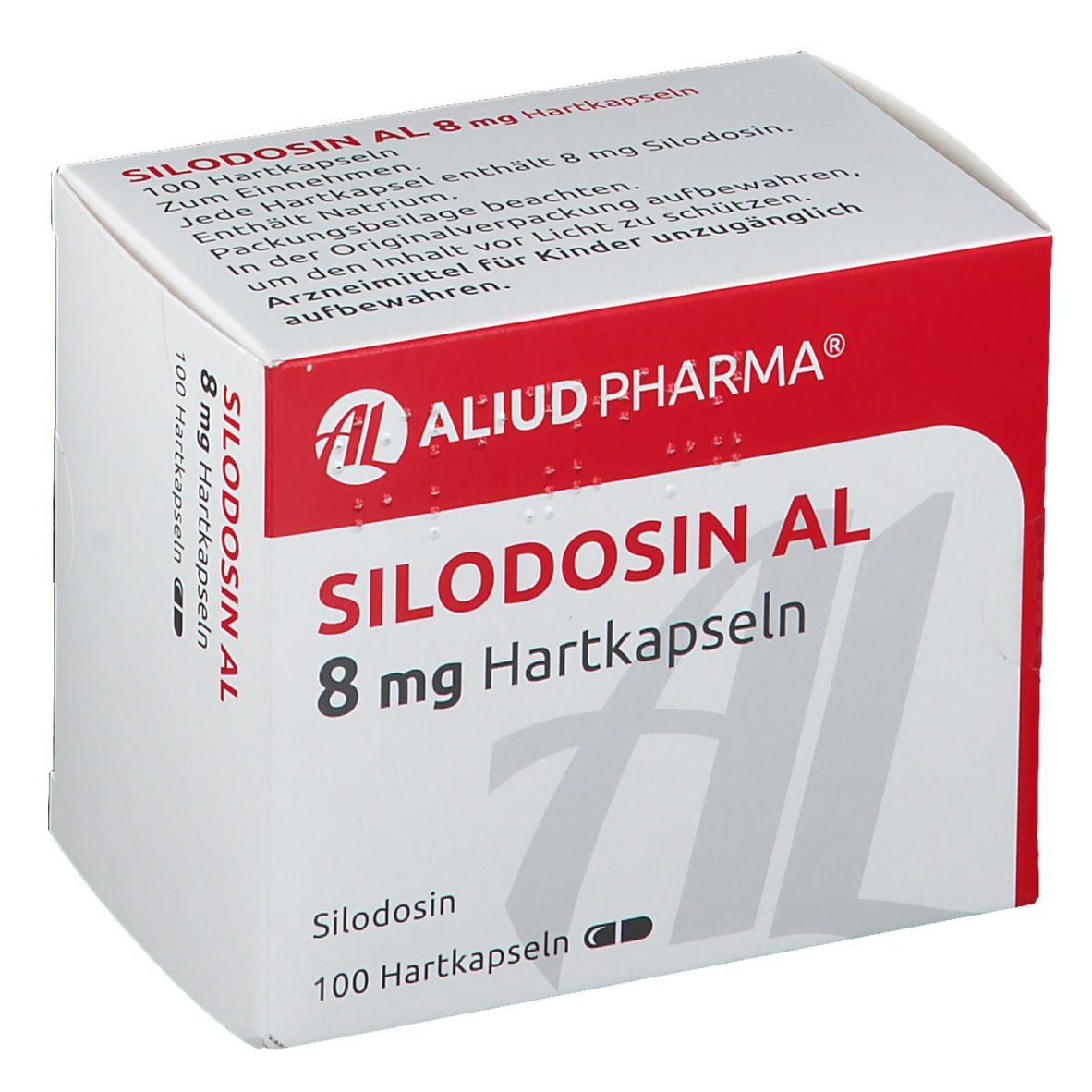 Schachtel SILODOSIN AL 8 mg Hartkapseln. Text und Logo AL. 100 Hartkapseln.