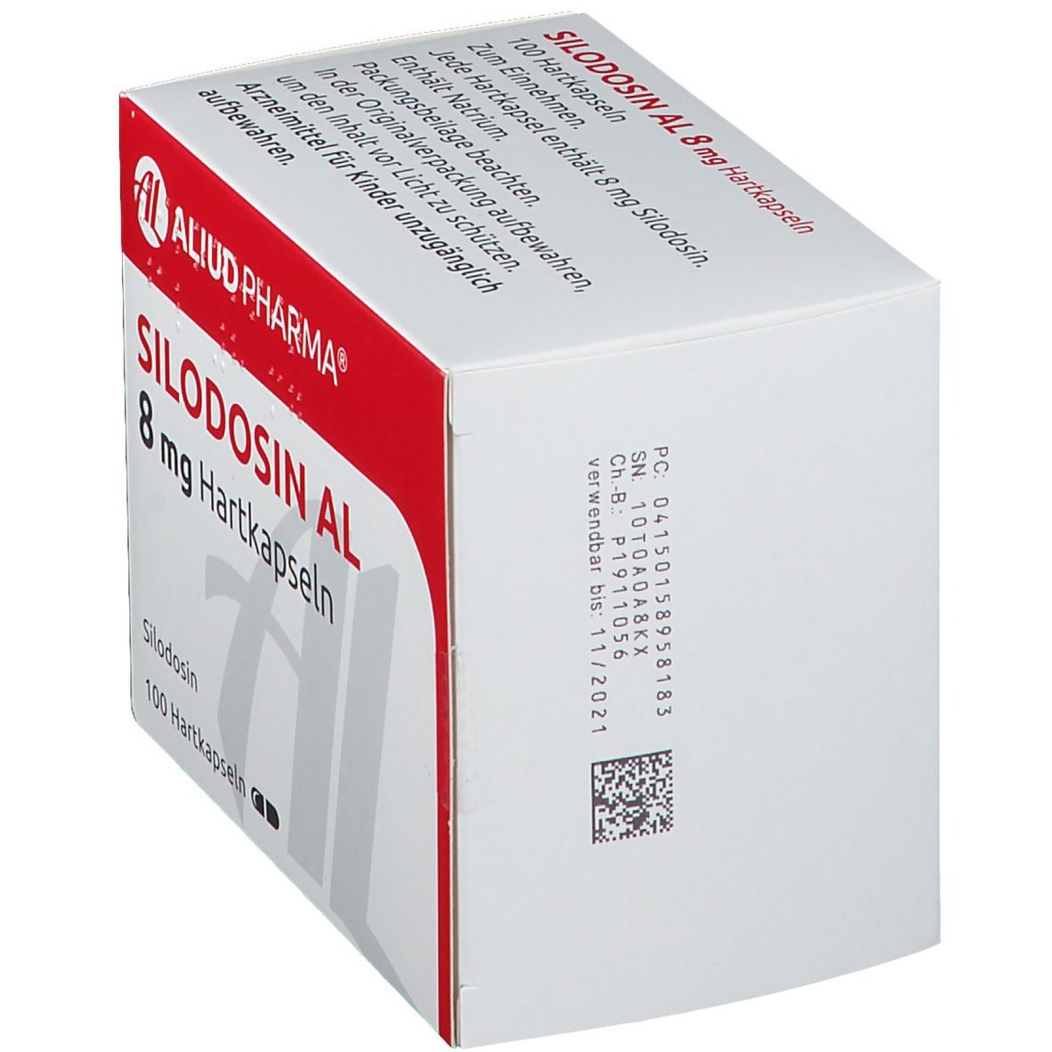 Schachtel SILODOSIN AL 8 mg Hartkapseln. Text und Logo AL. Rückseite mit Text.