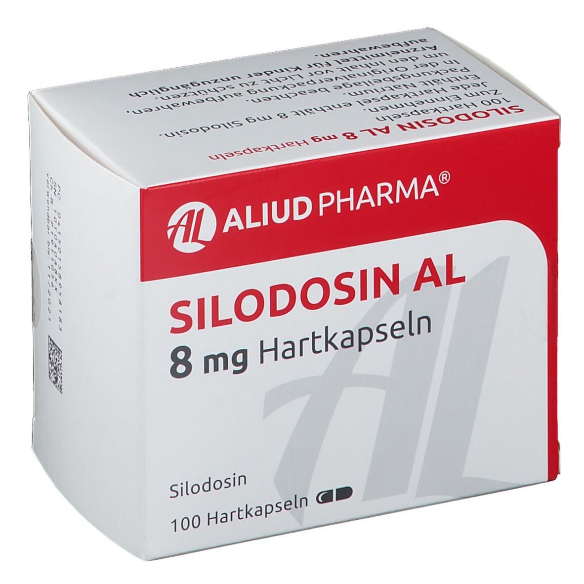 Schachtel SILODOSIN AL 8 mg Hartkapseln. Text und Logo AL. 100 Hartkapseln.
