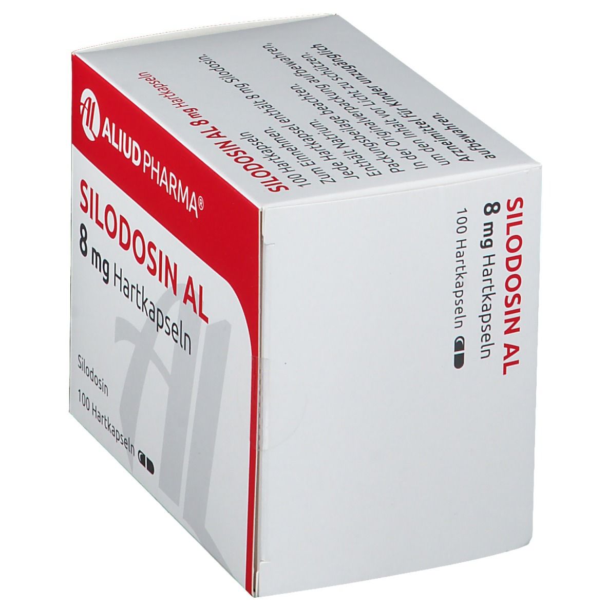 Schachtel SILODOSIN AL 8 mg Hartkapseln. Text und Logo AL. 100 Hartkapseln.
