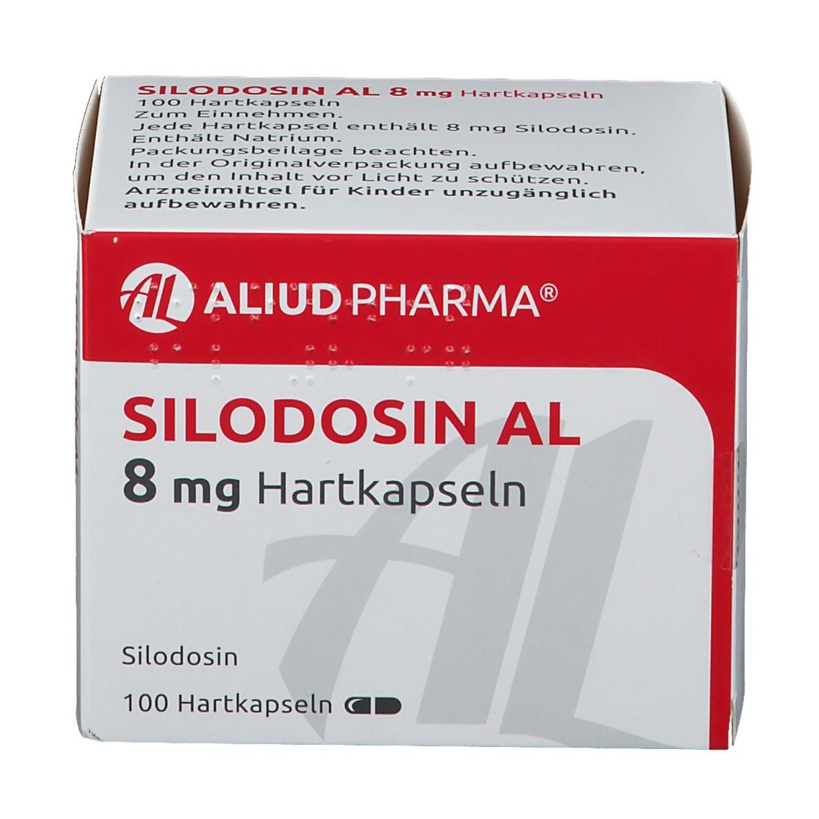 Schachtel SILODOSIN AL 8 mg Hartkapseln. Marke AL, 100 Hartkapseln.