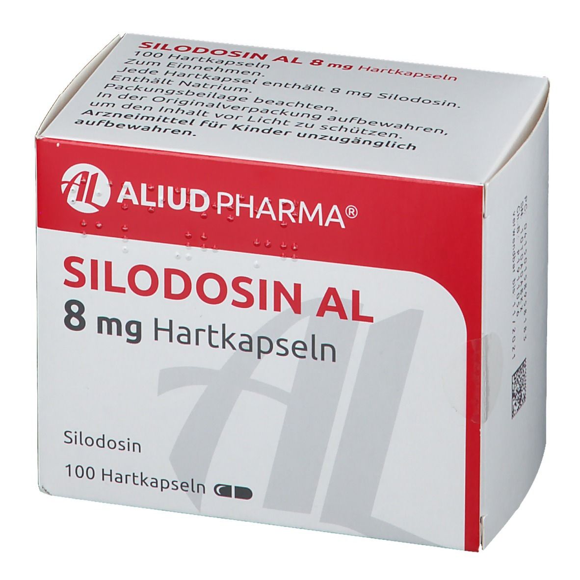 Schachtel SILODOSIN AL 8 mg Hartkapseln. Marke AL, 100 Hartkapseln.