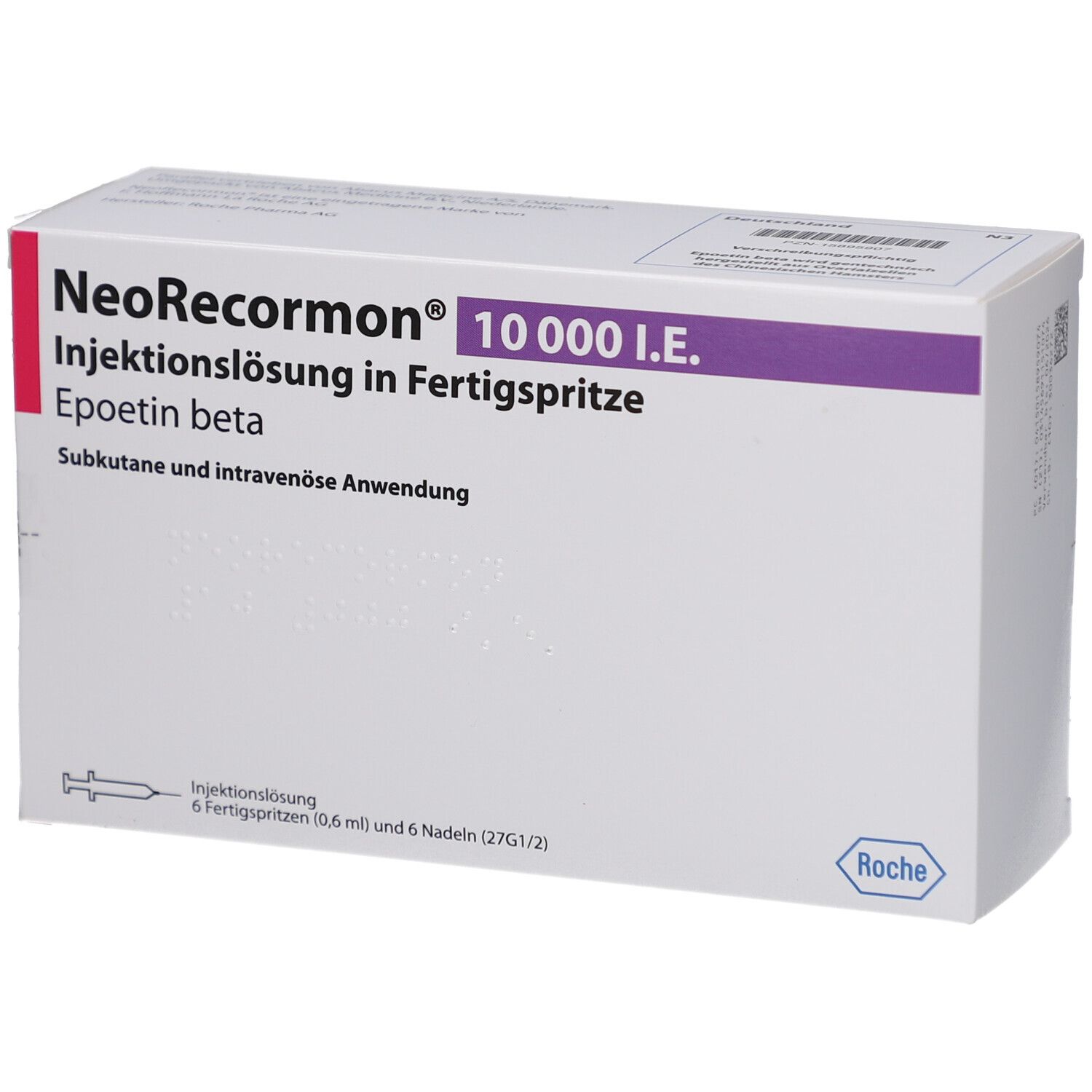 Verpackung von NeoRecormon 10.000 I.E. Injektionslösung in Fertigspritze. Enthält 6 Fertigspritzen und Nadeln.