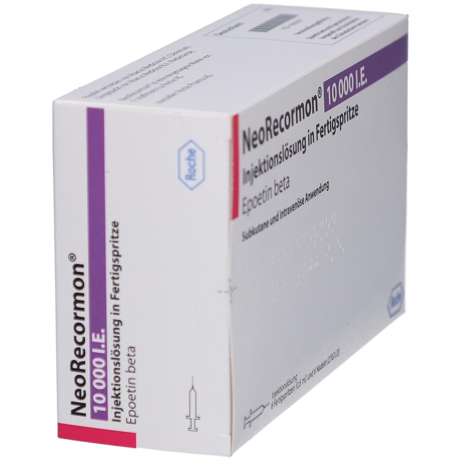 Schrägansicht der Verpackung von NeoRecormon 10.000 I.E. Injektionslösung in Fertigspritze. Mit Roche-Logo.