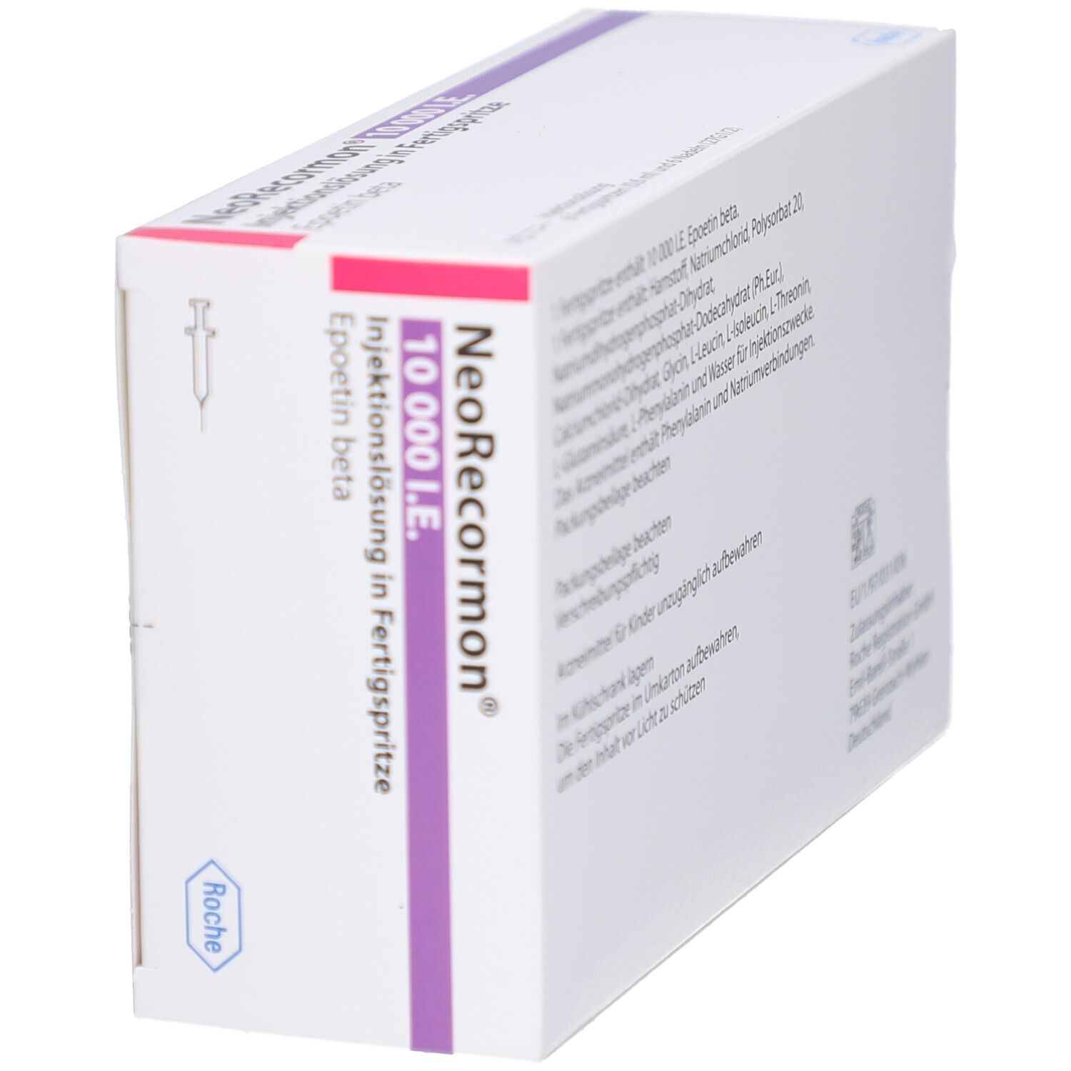 Schrägansicht der NeoRecormon 10.000 I.E. Verpackung. Mit Roche-Logo und Produktnamen.