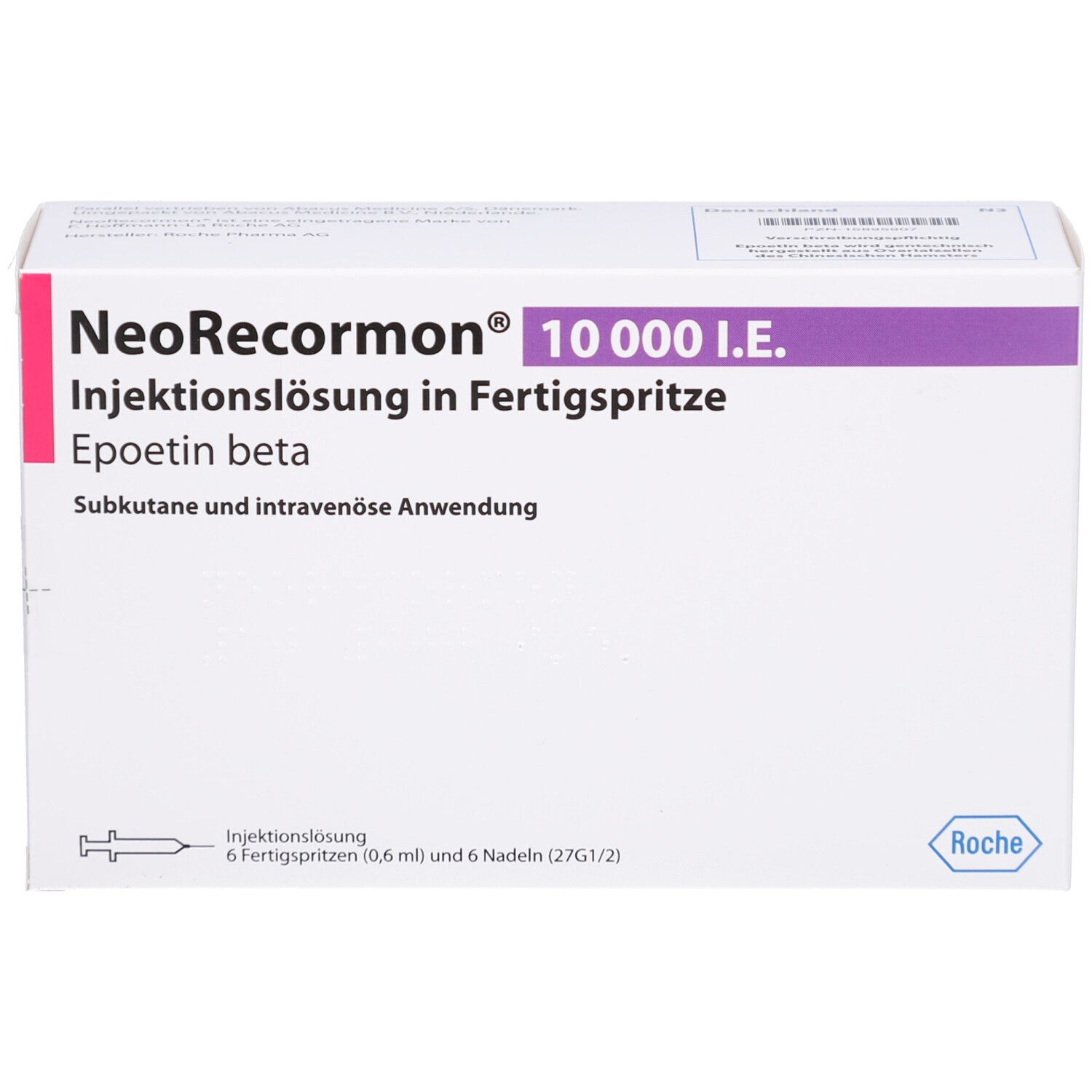 Vorderansicht der NeoRecormon 10.000 I.E. Verpackung. Produktname, Dosierung und Anwendungsart.