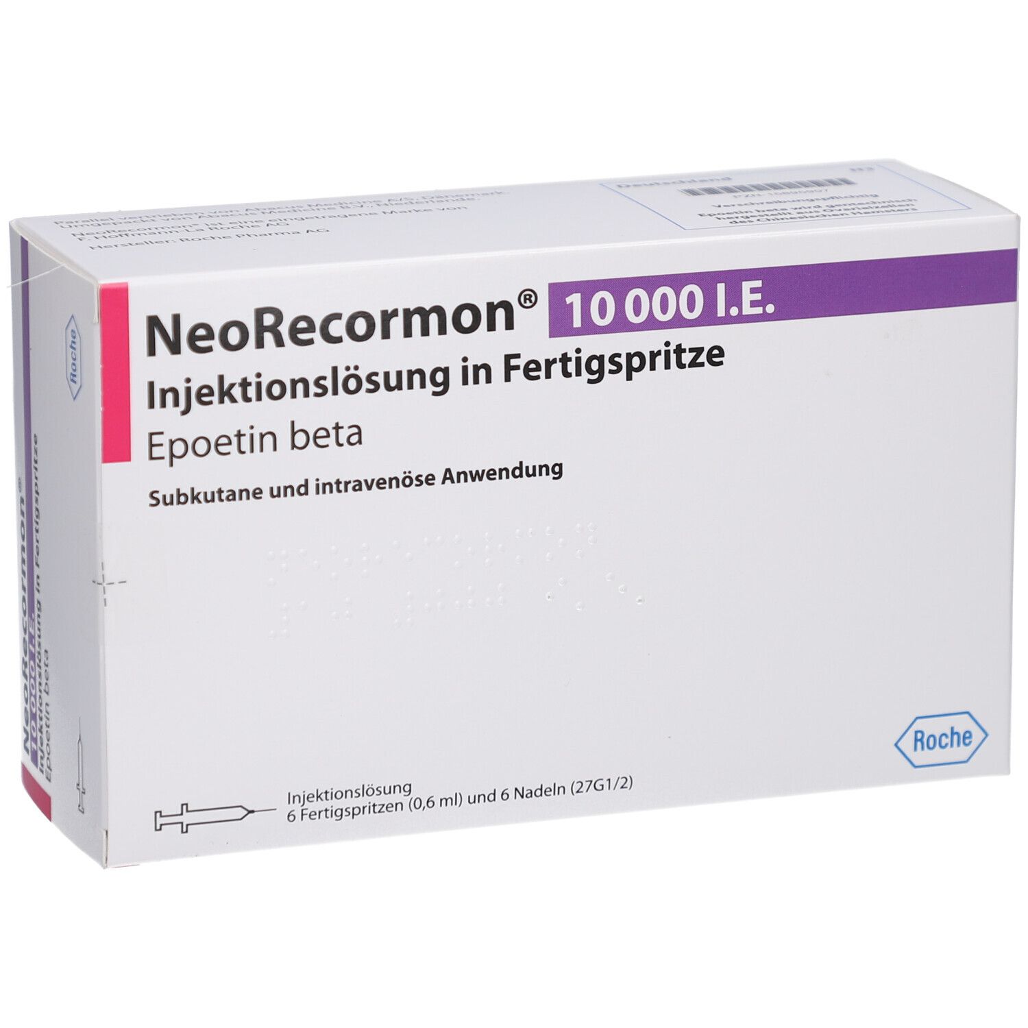 Vorderansicht der NeoRecormon 10.000 I.E. Verpackung. Produktname, Dosierung und Anwendungsart.