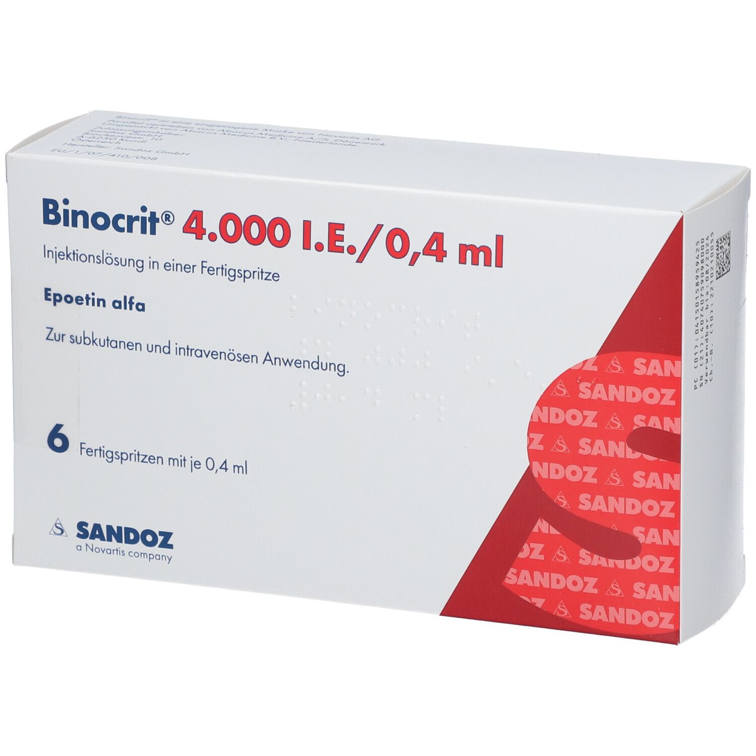 Verpackung von Binocrit 4.000 I.E./0,4 ml. Enthält 6 Fertigspritzen. Aufschrift: Epoetin alfa.