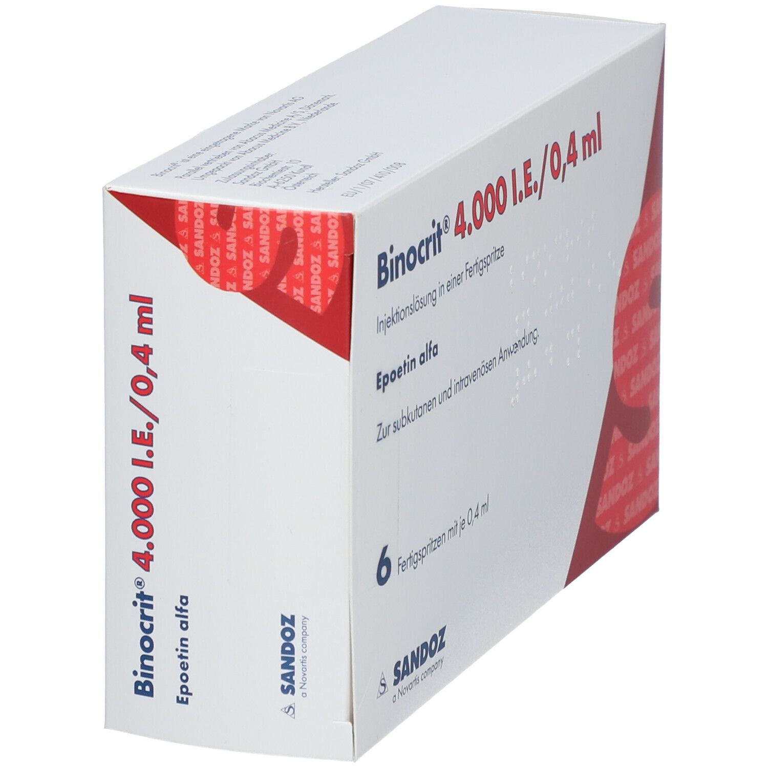 Schachtel Binocrit 4.000 I.E./0,4 ml. Aufschrift: Epoetin alfa. Enthält 6 Fertigspritzen. Sandoz Logo.
