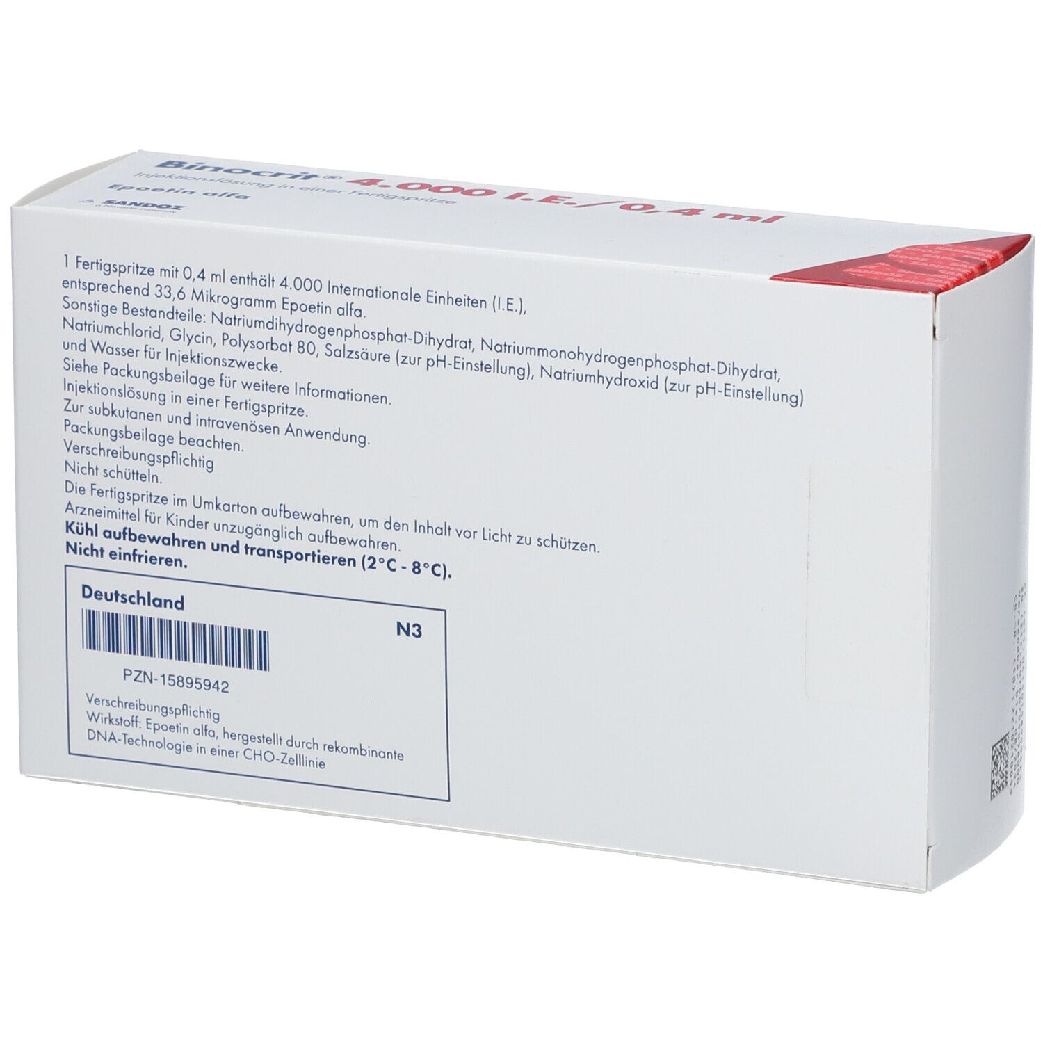 Rückseite der Binocrit-Verpackung. Enthält Informationen zu Inhaltsstoffen und Anwendung. Text in Deutsch.