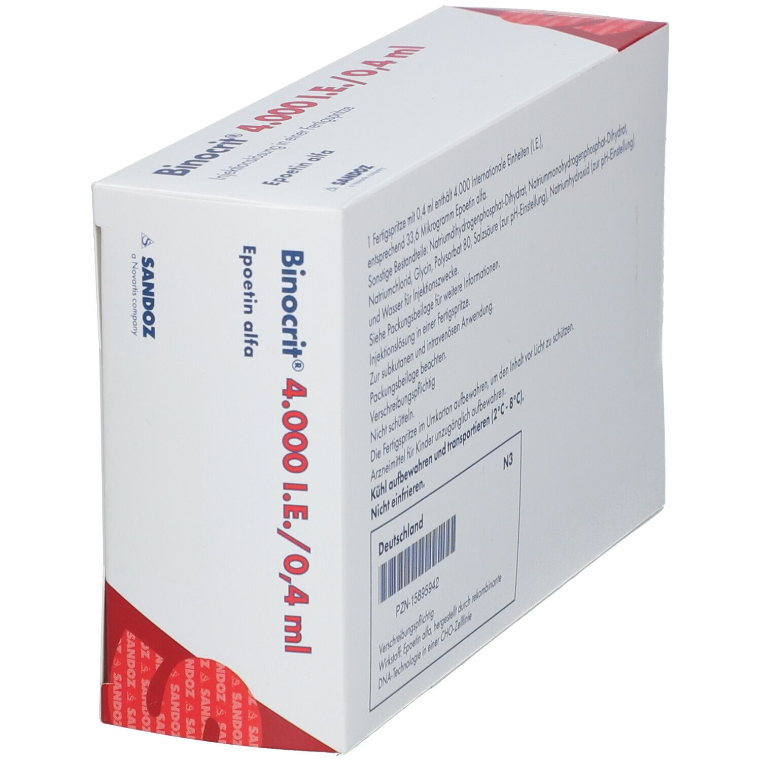 Schachtel Binocrit 4.000 I.E./0,4 ml. Aufschrift: Epoetin alfa. Sandoz Logo. Rückseite mit Text.