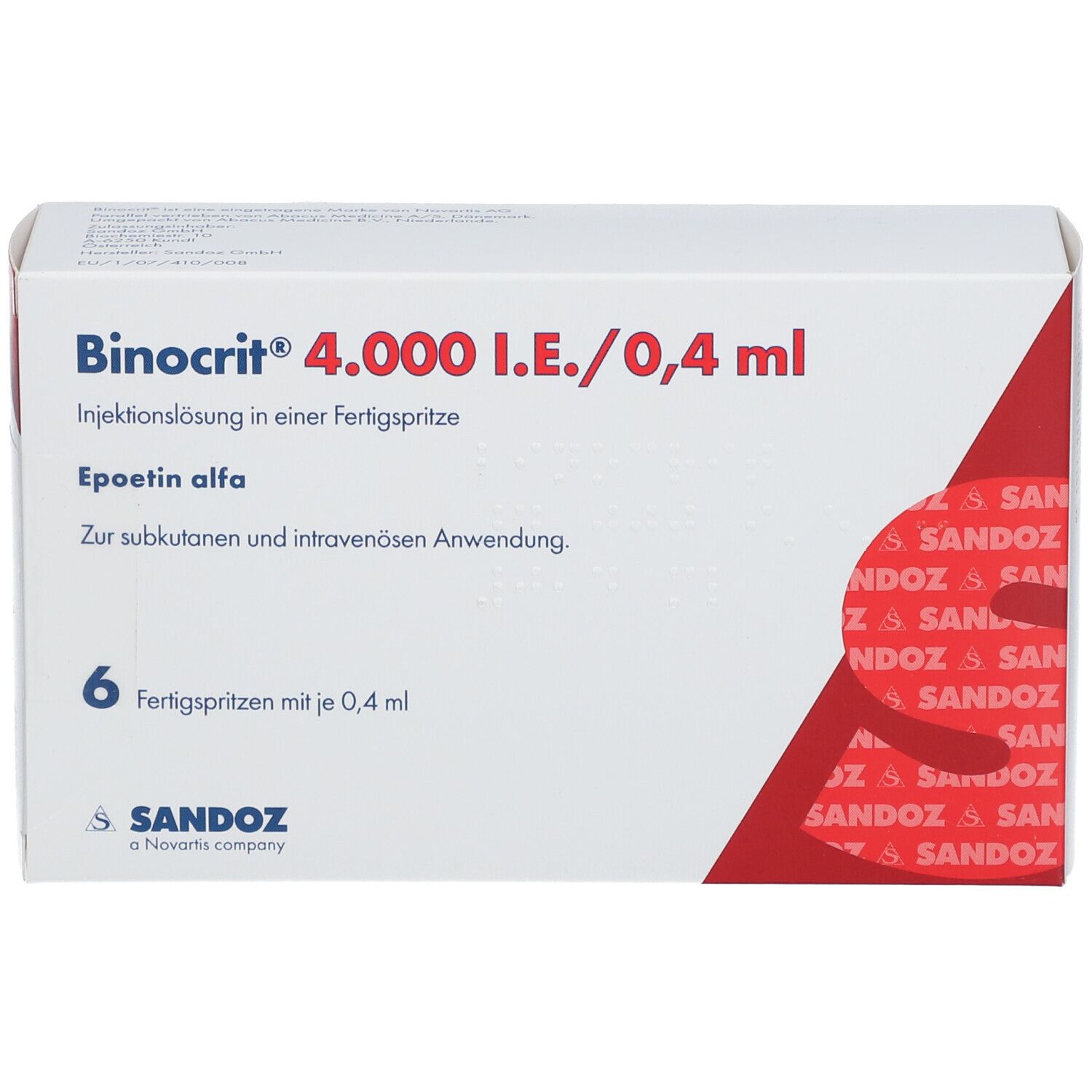 Verpackung von Binocrit 4.000 I.E./0,4 ml. Enthält 6 Fertigspritzen. Aufschrift: Epoetin alfa.