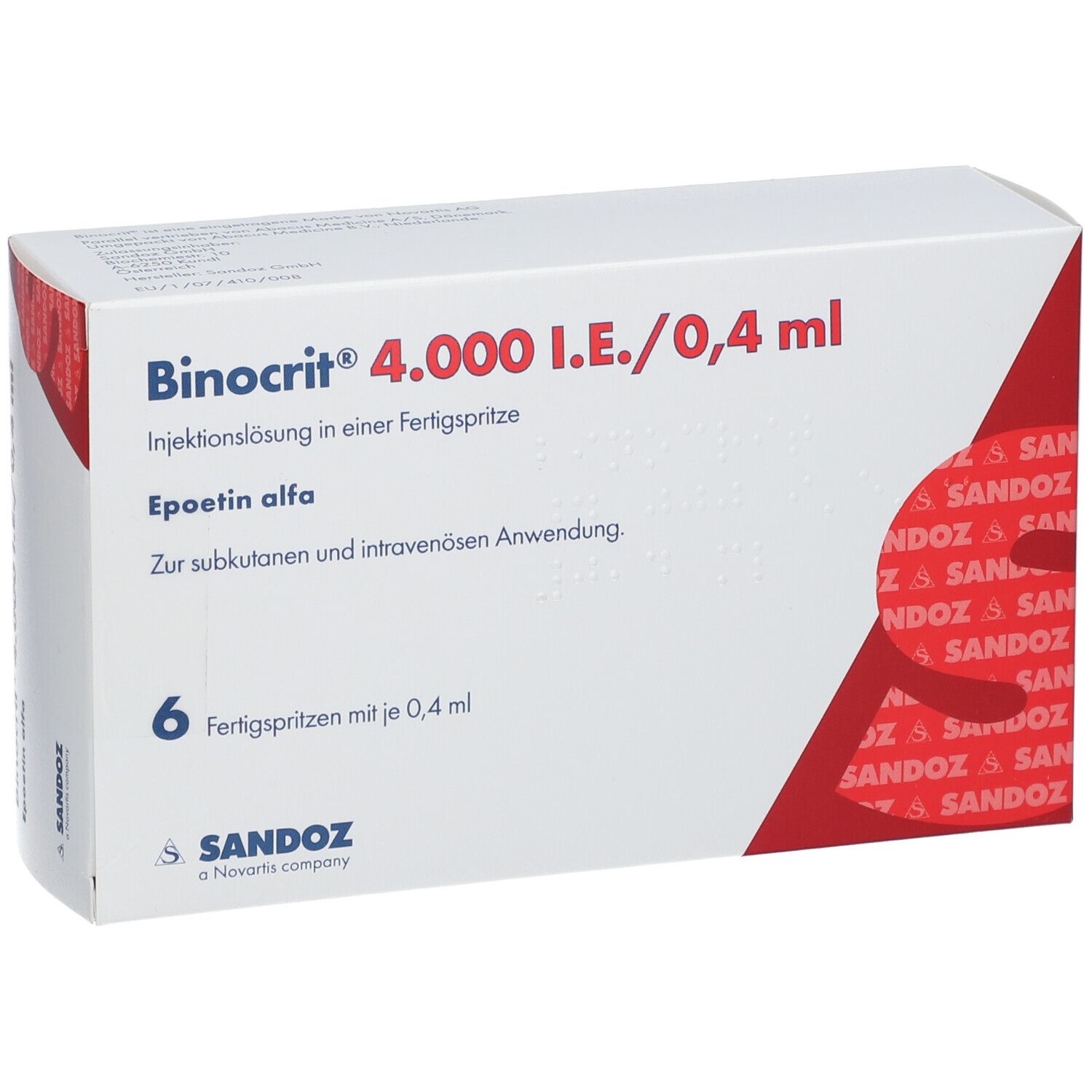 Verpackung von Binocrit 4.000 I.E./0,4 ml. Enthält 6 Fertigspritzen. Aufschrift: Epoetin alfa.