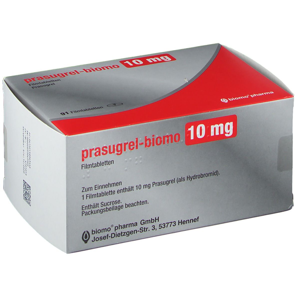 Schachtel prasugrel-biomo 10 mg. Rote und graue Verpackung. Text: Filmtabletten, 91 Tabletten. Hersteller: biomo pharma GmbH.