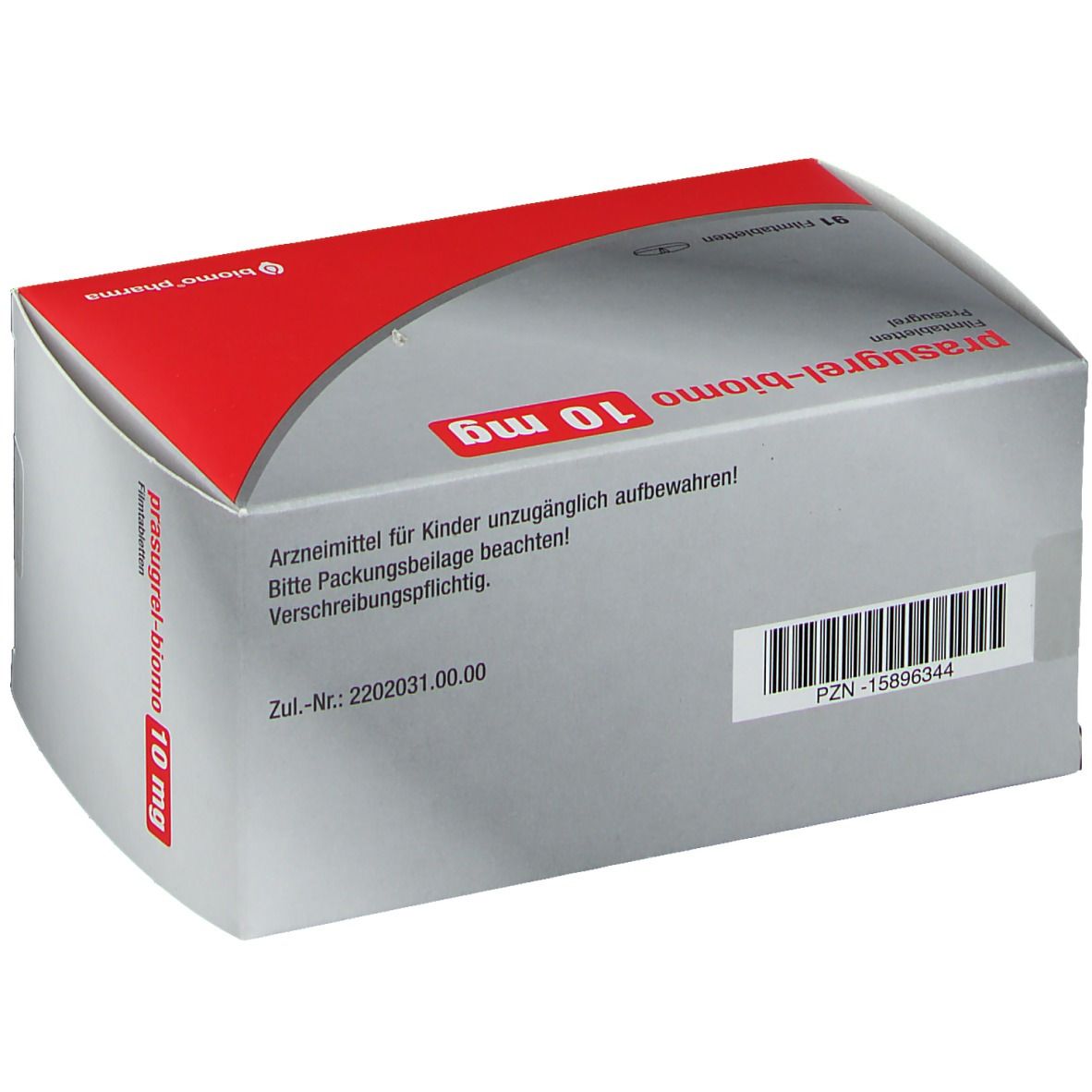 Rückseite der Schachtel prasugrel-biomo 10 mg. Graue Verpackung mit rotem Akzent. Text: Arzneimittel für Kinder unzugänglich aufbewahren.