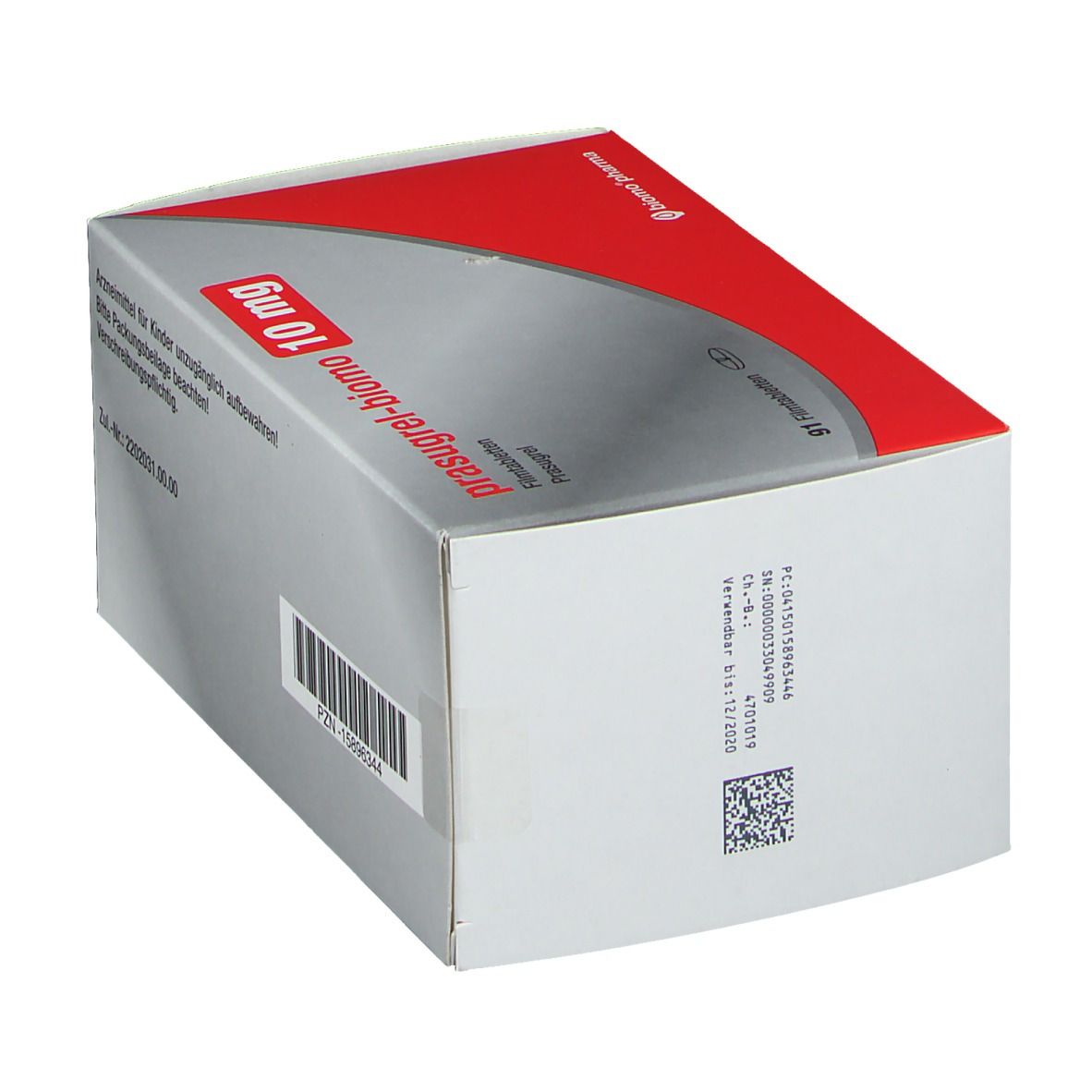 Schachtel prasugrel-biomo 10 mg. Graue Verpackung mit rotem Akzent. Barcode und QR-Code. Herstellerinformationen.