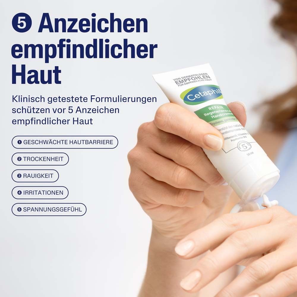 Handcreme wird auf eine Hand aufgetragen. 5 Anzeichen empfindlicher Haut. Klinisch getestete Formulierungen.