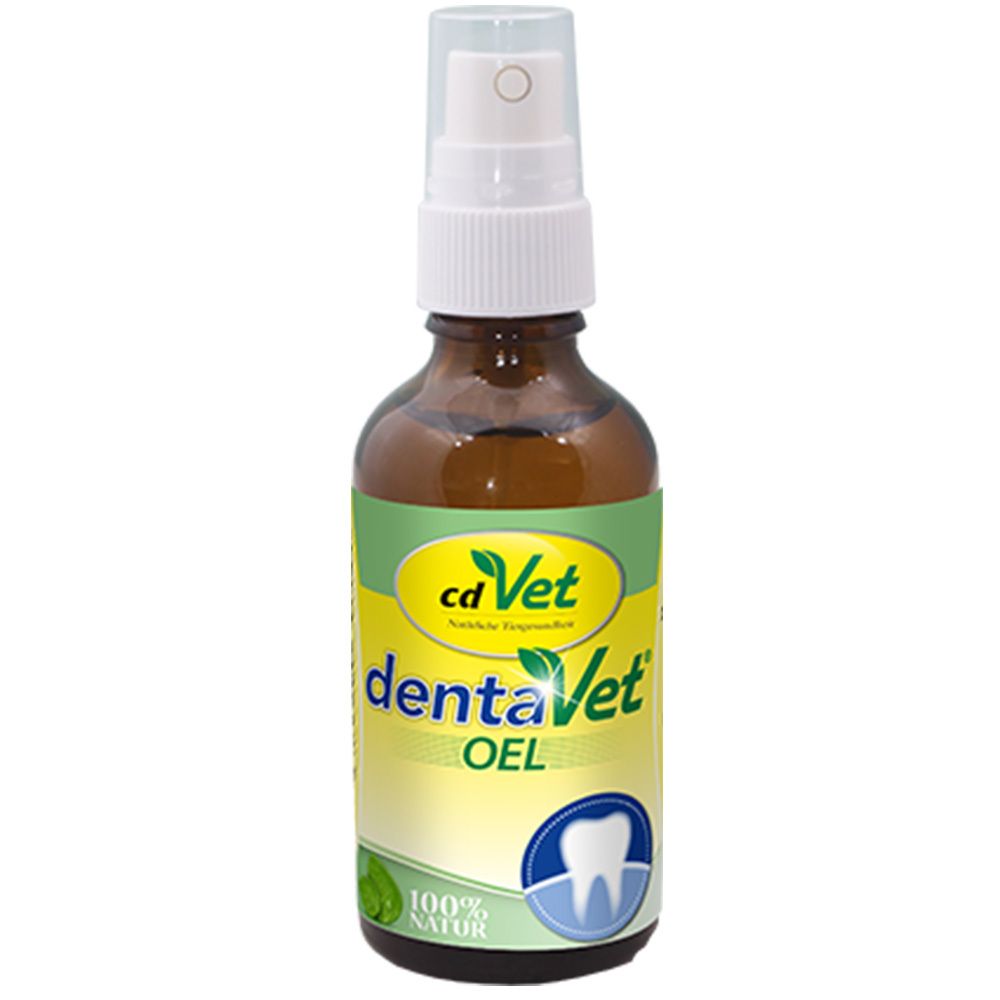 Braune Glasflasche mit Sprühkopf. Aufschrift: cd Vet dentaVet OEL. Abbildung eines Zahns.
