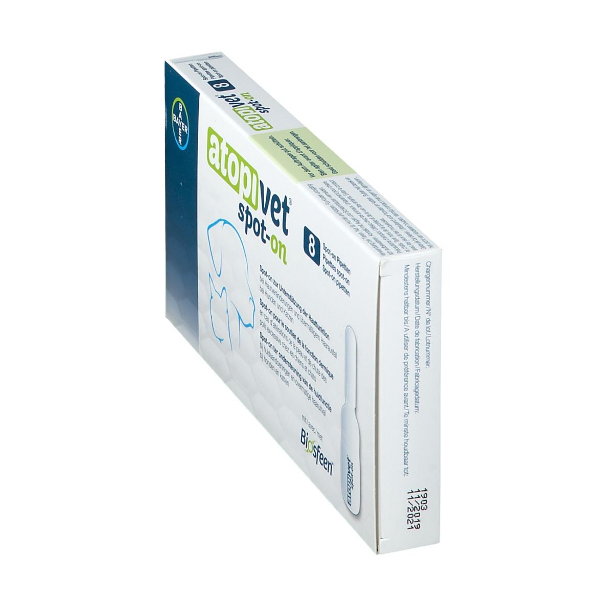 Kartonverpackung mit Produktnamen und Logo. Enthält 8 Pipetten. Bayer-Logo sichtbar.