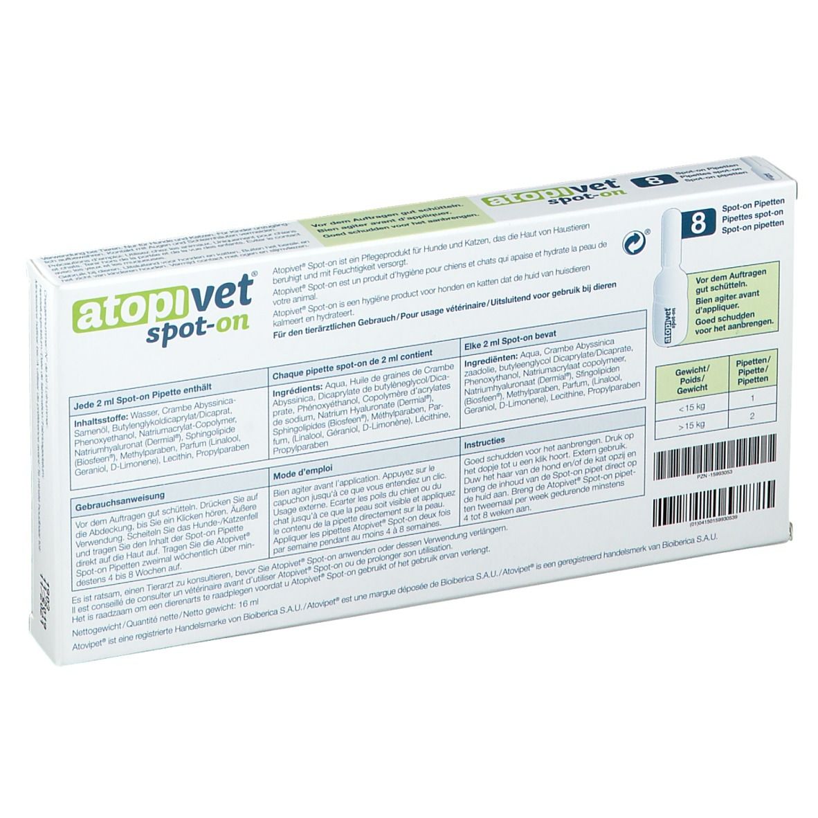 Rückseite der Kartonverpackung mit Produktinformationen und Inhaltsstoffen. 8 Pipetten.