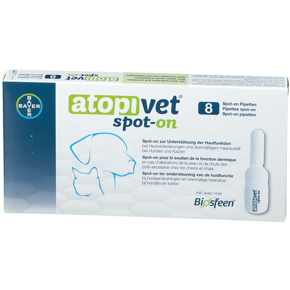 Kartonverpackung mit Produktnamen und Logo. Enthält 8 Pipetten. Bayer-Logo sichtbar.