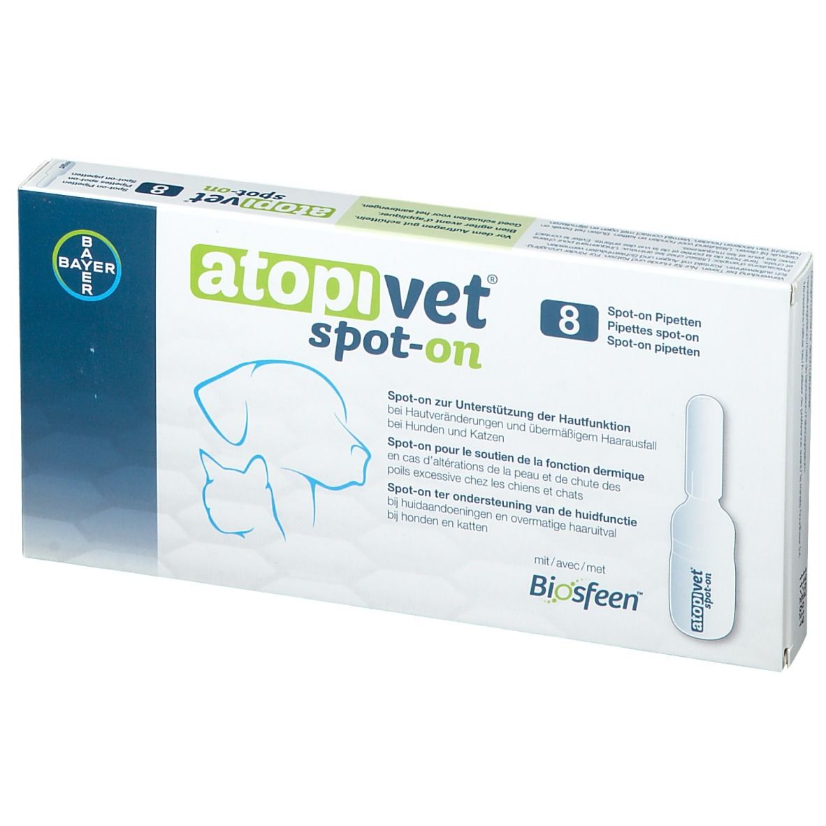 Kartonverpackung mit Produktnamen und Logo. Enthält 8 Pipetten. Bayer-Logo sichtbar.