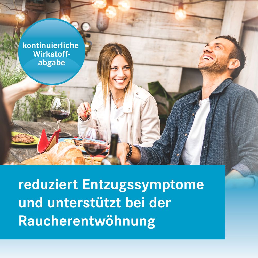 Paar sitzt an einem Tisch. Text: reduziert Entzugssymptome und unterstützt bei der Raucherentwöhnung.