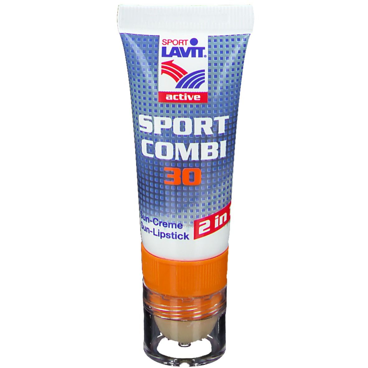 Blau-weiße Tube mit orangefarbenem Deckel. Aufschrift SPORT LAVIT, SPORT COMBI 30, 2 in 1. Unten Lippenstift.