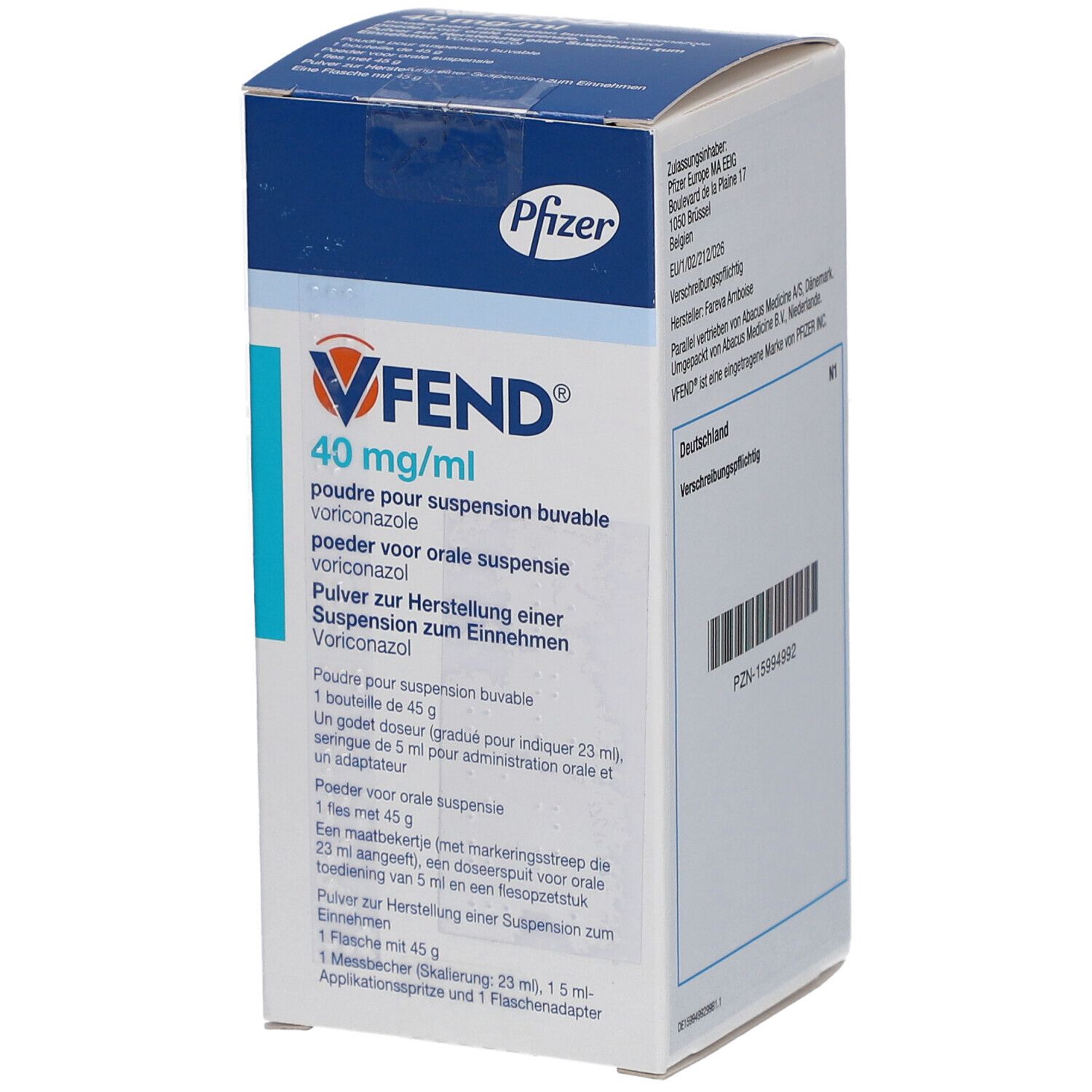 VFEND 40 mg/ml Pulver zur Herstellung einer Suspension zum Einnehmen. Weiße Faltschachtel mit blauer Schrift und Pfizer-Logo.