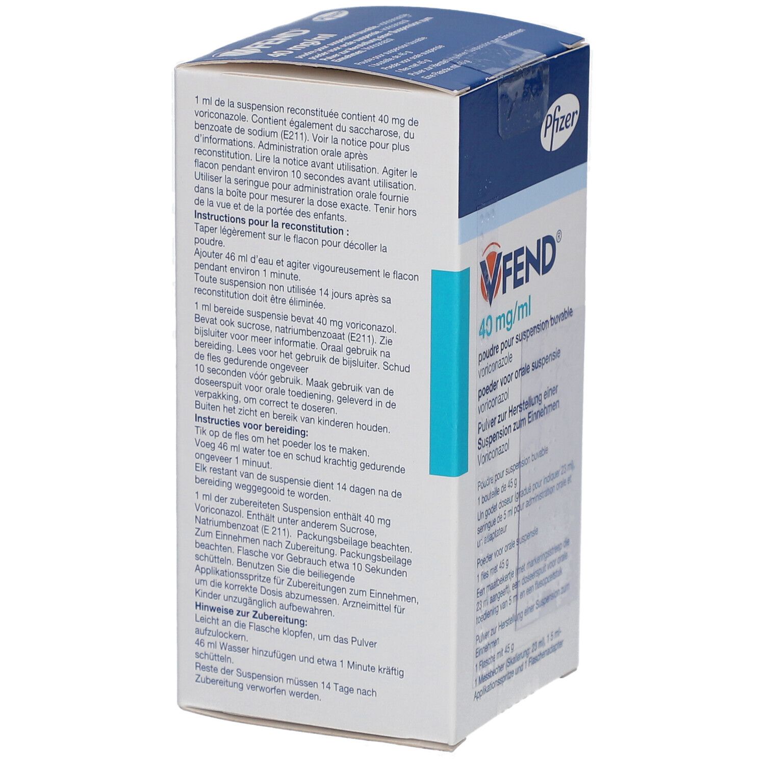 Rückseite der VFEND-Verpackung. Textinformationen zur Rekonstitution und Anwendung der Suspension. Pfizer-Logo.